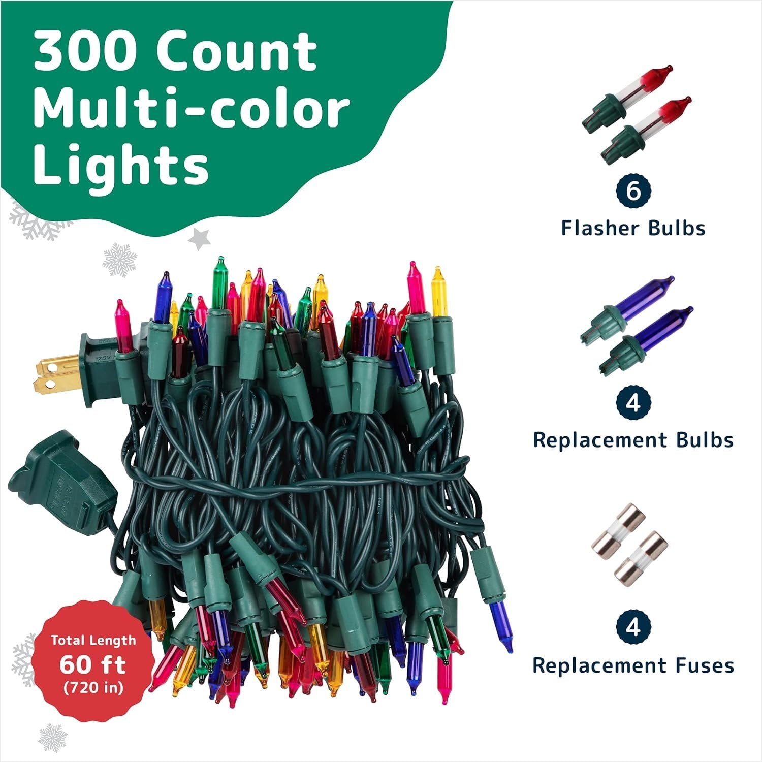 PREXTEX Christmas Lights (60 Feet, 2 Pack of 150 Lights) – Multi Color Christmas Tree Lights with Green Wire - Indoor/Outdoor String Lights - Warm Multi Color Twinkle Lights