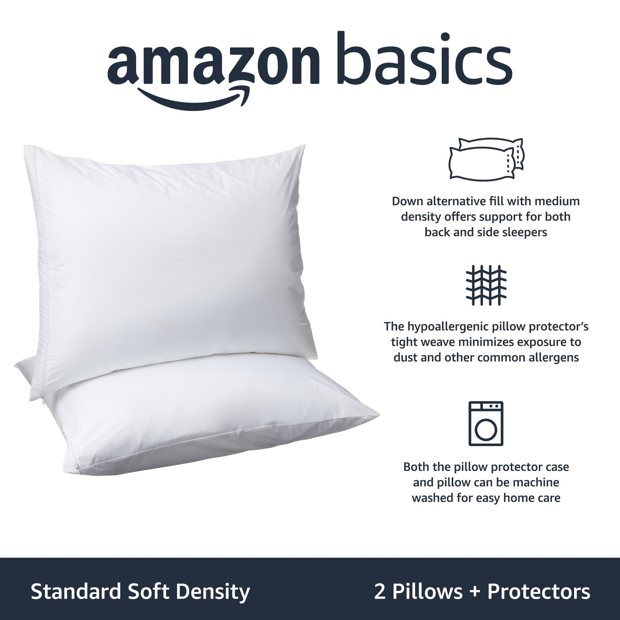 Amazon Basics Down Alternative Bed Pillows and Pillow Protector Case 2-Piece Set, 26 in x 20 in, Soft Density, Standard - Pack of 2, White
