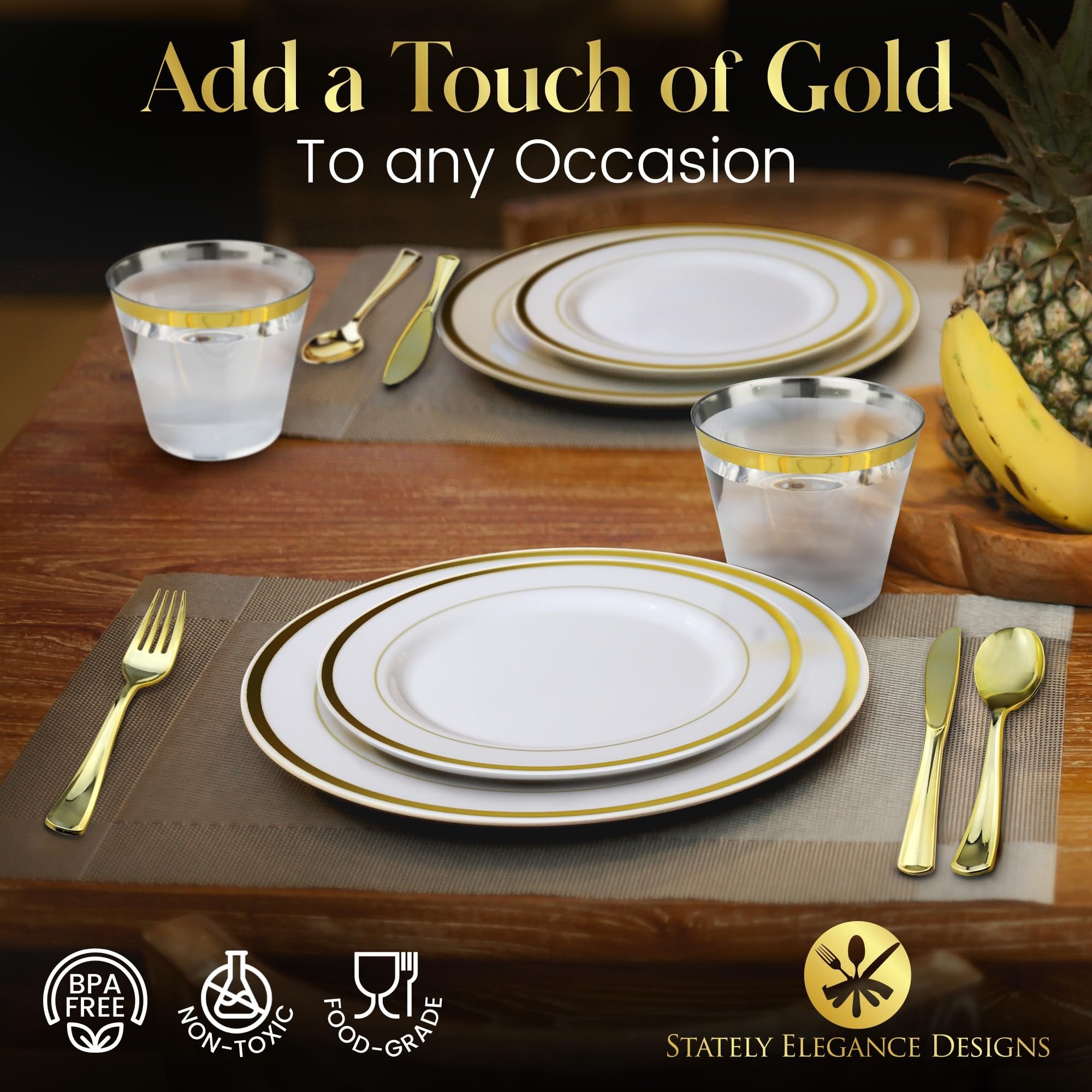 600 Piece Gold Dinnerware Set - 200 White and Gold Plates - Set of 300 Gold Plastic Silverware - 100 Plastic Cups - Disposable Gold Dinnerware Set for Party - 100 Guests