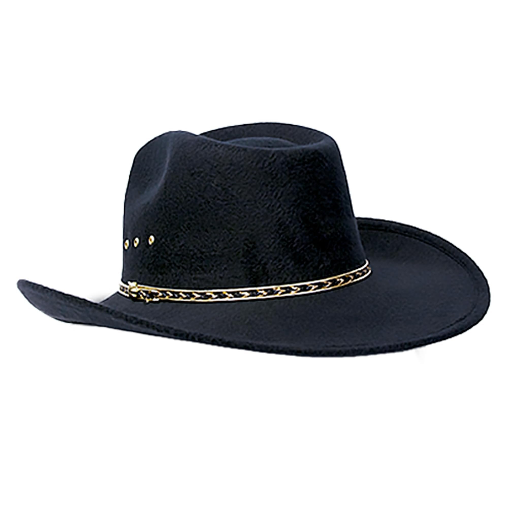 Western Pinch Front Faux Felt Cowboy Hat - Black Elastic Band L/XL