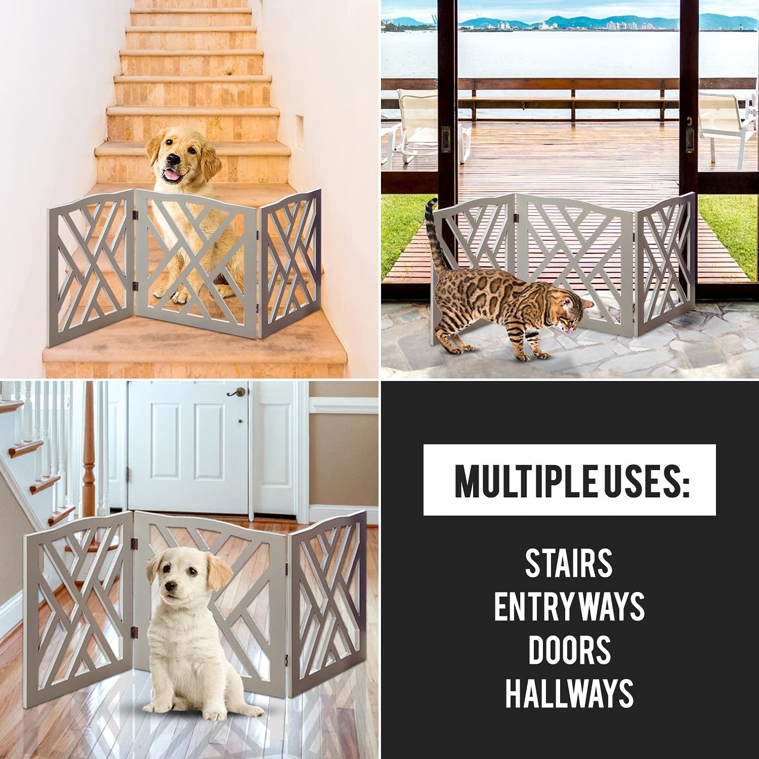 Bundaloo Freestanding Dog Gate Expandable Decorative Wooden Fence for Small to Medium Pet Dogs, Barrier for Stairs, Doorways, & Hallways (Crisscross - Grey)