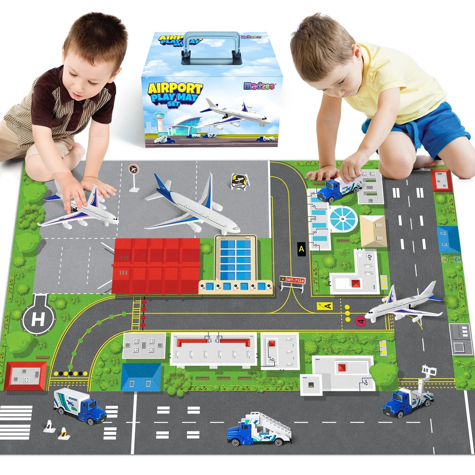 Airplane Toy Set and Kids Activity Play Mat with Planes, Trucks, Signs, and Large Playmat Airport, Interactive Early Learning Toys for Toddler Boys and Girls - Great Gift for Birthday and Christmas