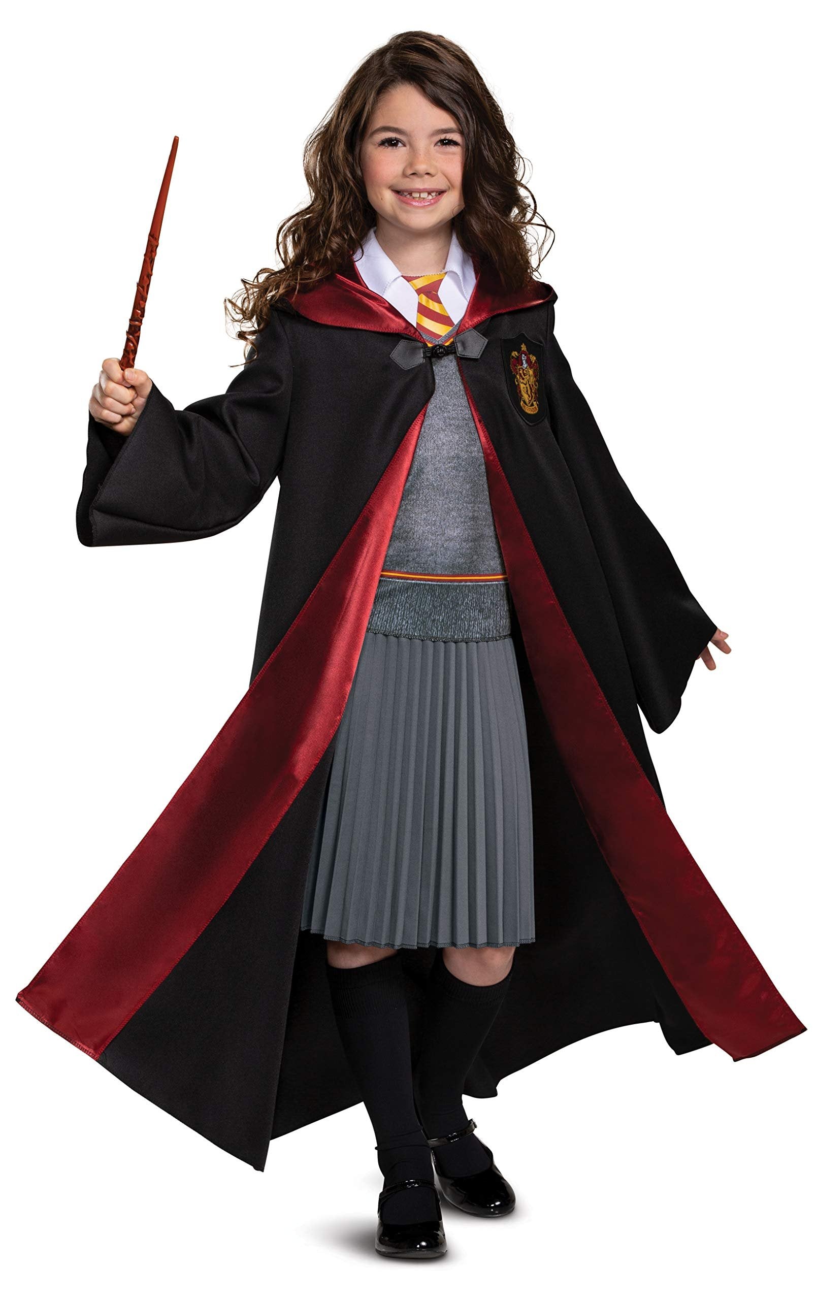 Hermione Costume Combo, Official Wizarding World Deluxe Hooded Robe and Wand for Kids, Size Medium (7-8)