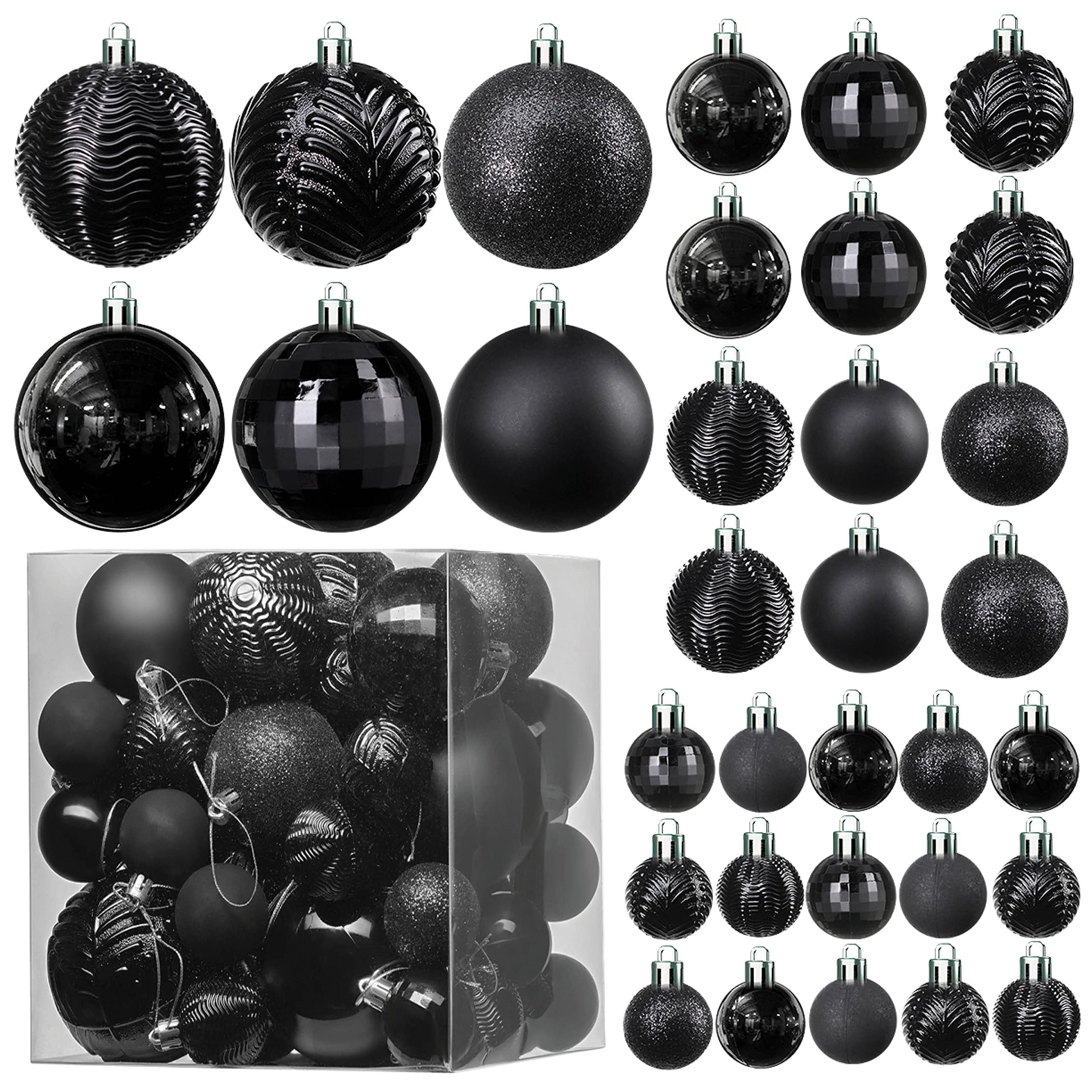 Prextex Christmas Ball Black Ornaments for Christmas Decorations (Black) - 36 pcs Shatterproof Black Christmas Ornaments w/Hanging Loop for Holiday, Wreath & Party Decorations (6 Styles, 3 Sizes)