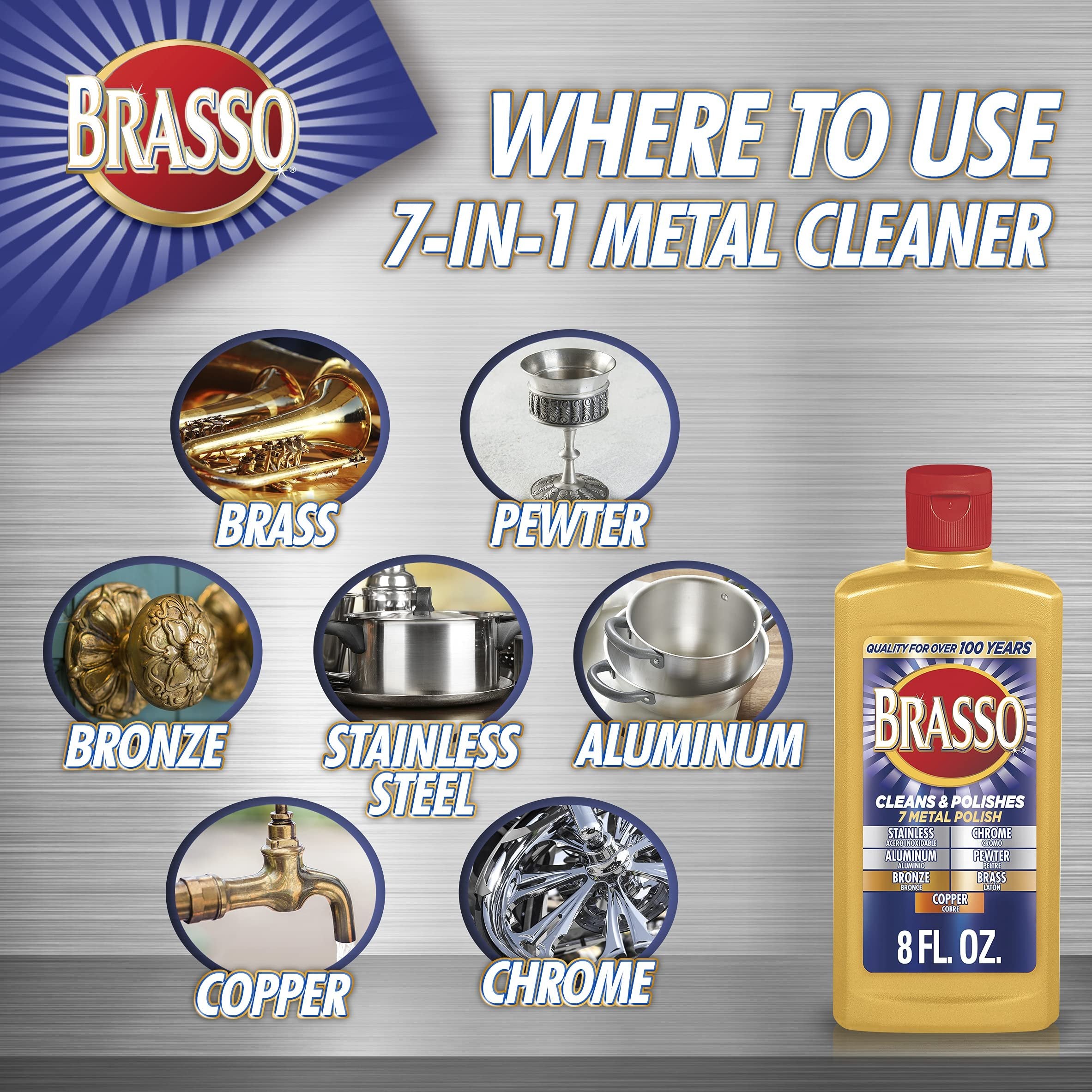 Brasso Metal Polish, 8 oz Bottle for Brass, Copper, Stainless, Chrome, Aluminum, Pewter & Bronze (Pack of 8)