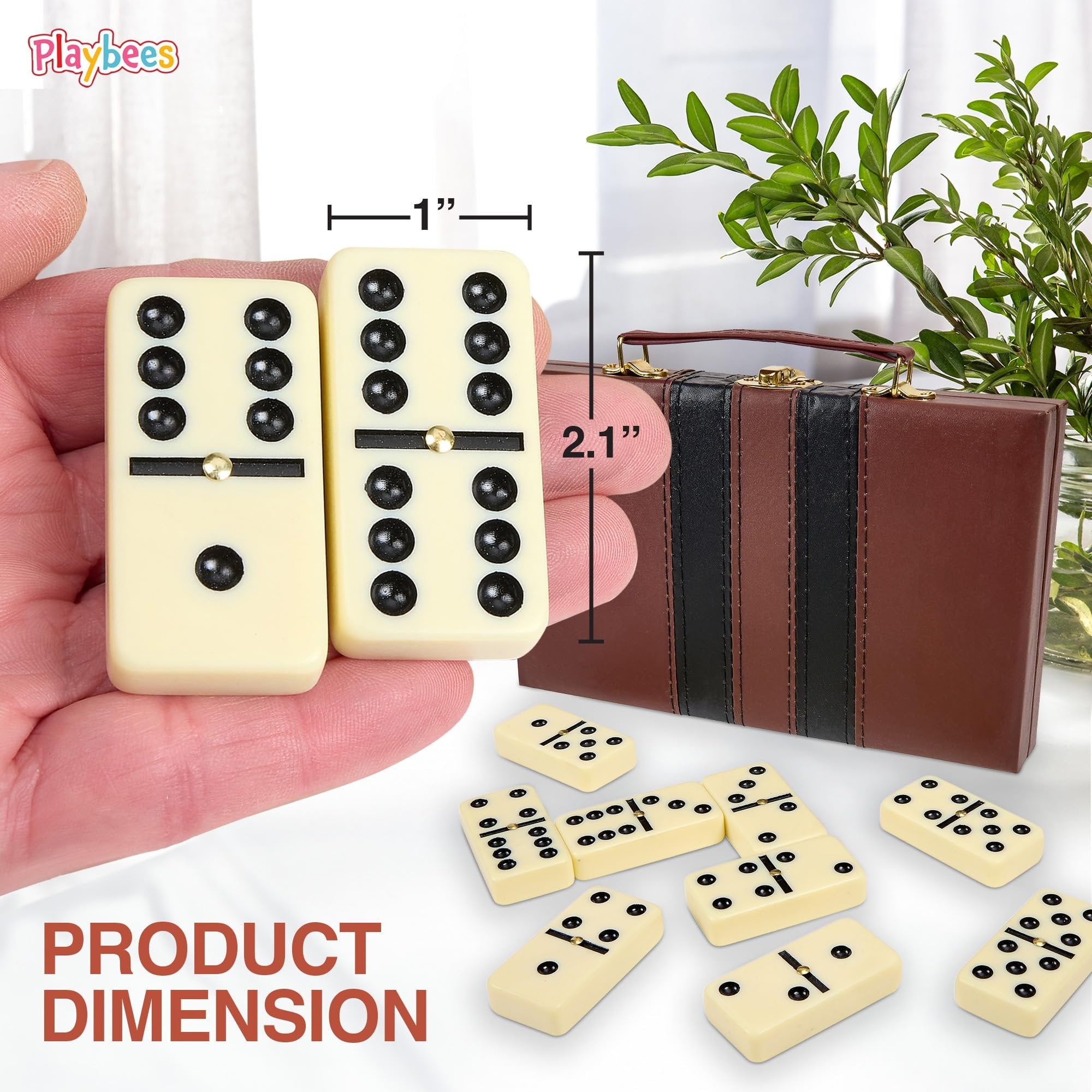 Playbees Jumbo Double Six Domino Set - 28 Thick White Tiles - Sophisticated Wooden Vegan Leather Box - Classic Family Game - Math Skills and Strategy - 2-4 Players