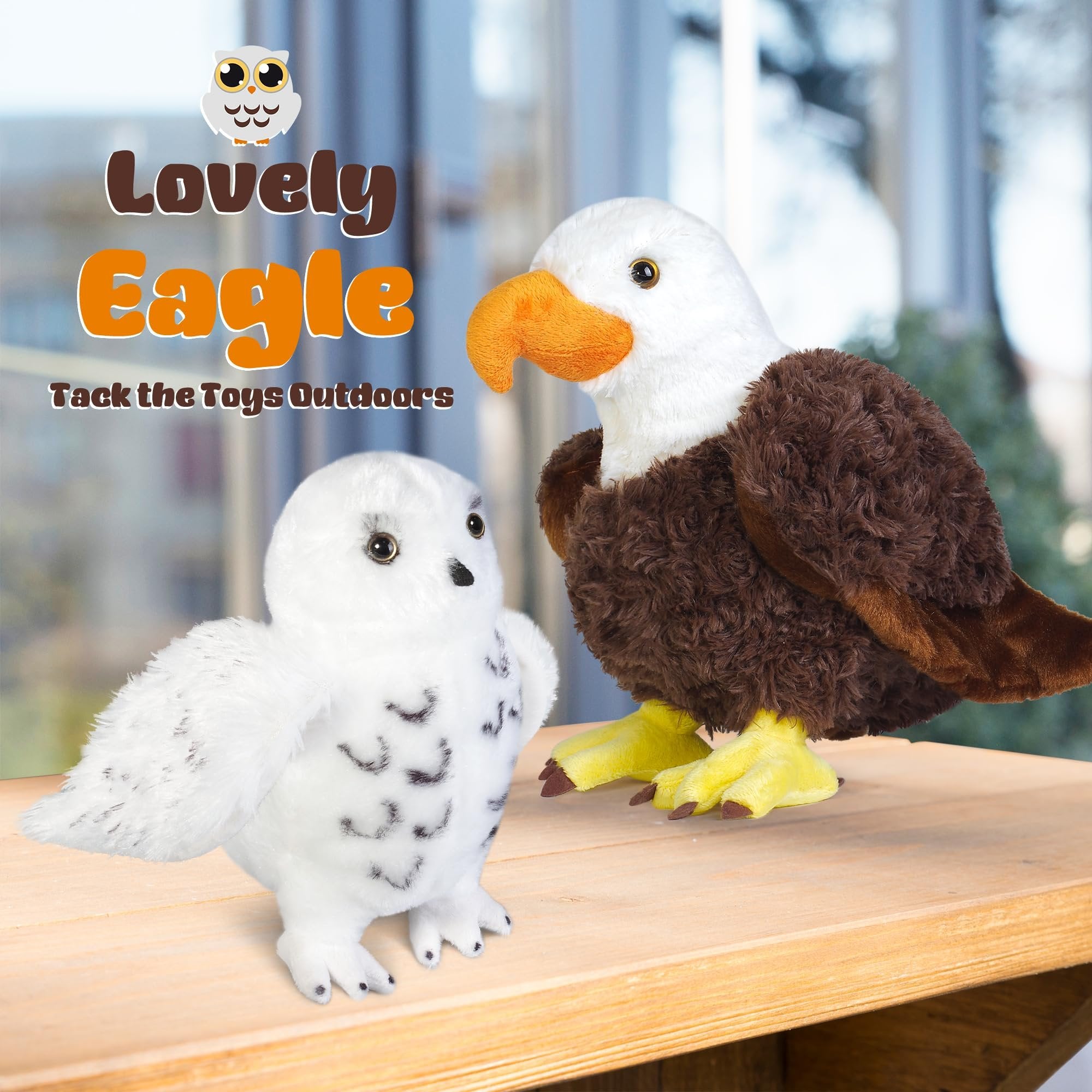 Madzee Plush Eagle and Owl Set, Stuffed Bald Eagle and Snowy Owl, Stuffed Animal Toy Gifts for Kids