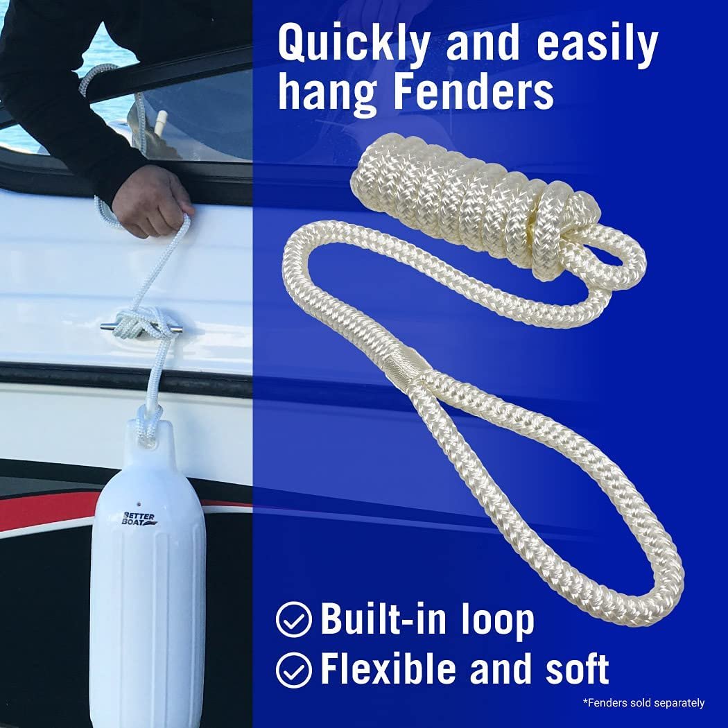 2 PK White Boat Fender Lines - 6ft 3/8in Nylon - Double Braided, Loop, Hangers, Bag - for Boats, Jet Skis, Docking (Free Shipping)