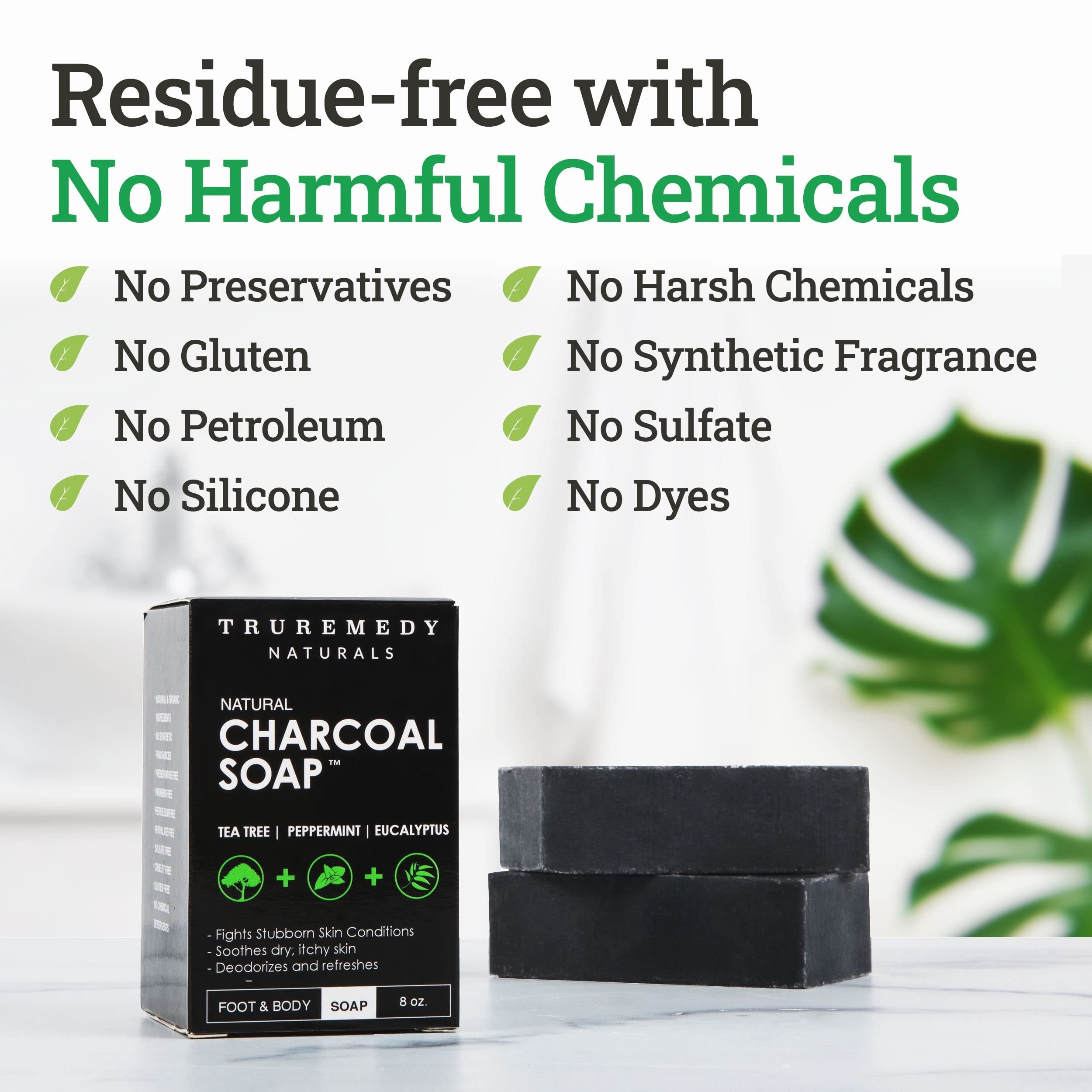Natural Activated Charcoal Soap Bar (2-Pack) - Hand, Foot & Body Soap - Tea Tree, Peppermint & Charcoal Soap - Vegan, Cruelty Free - Made In USA - 8 Oz