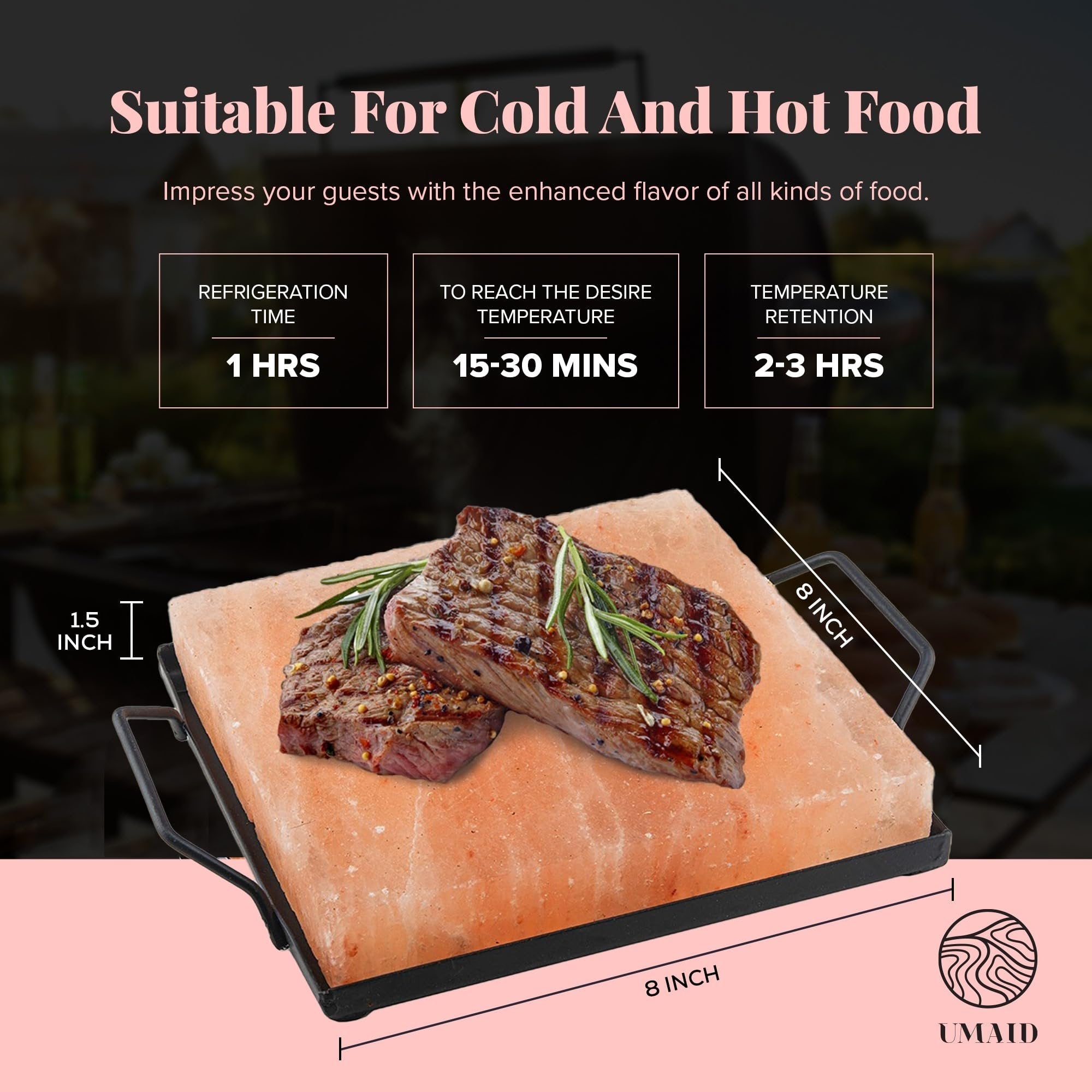 UMAID Himalayan Salt Block Cooking Plate 8x8x1.5 for Cooking, Grilling, Cutting and Serving, Food Grade Rock Salt Stone On Steel Tray with Recipe Pamphlet Unique Gifts for Men, Women, Dads & Cooks