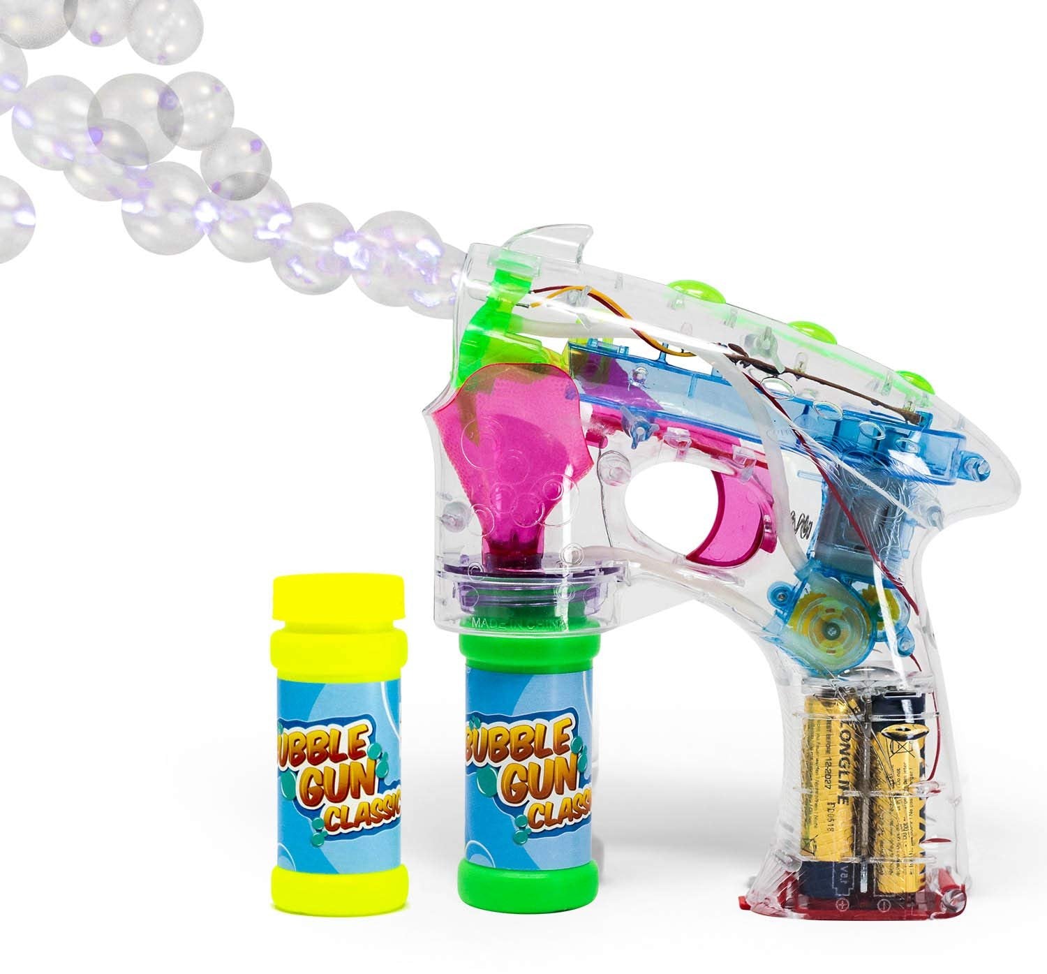 Bubble Gun Blower for Kids 2.0 - Classic (Boys & Girls) | Toy Blaster + 2X Soap Solution Bottle + 3X AA Batteries | Futuristic Shooter with Internal Wand | Fun, Colorful w/Lights | Indoor & Outdoor