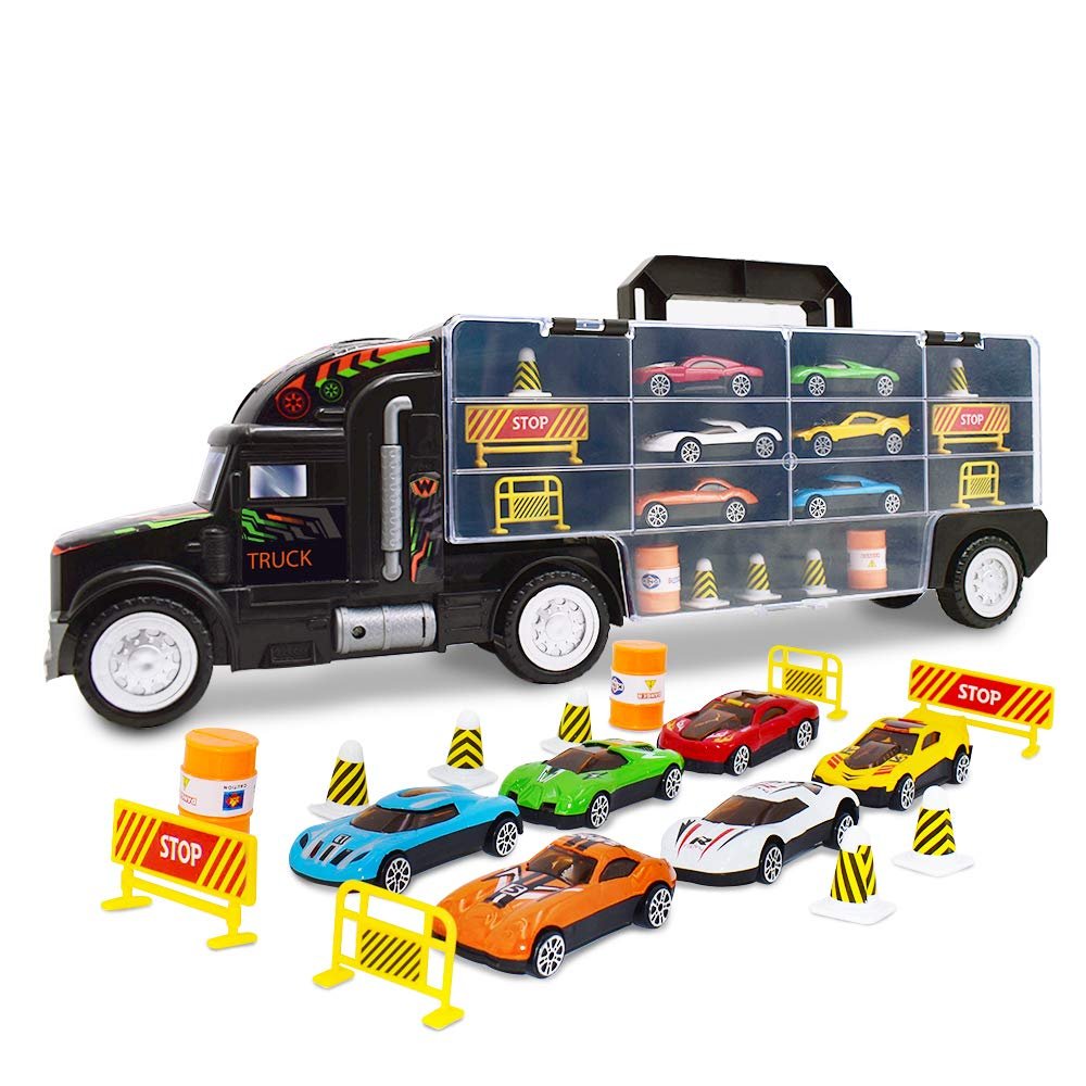 Wolvolk Transport Car Carrier Truck Toy - Car Transporter Carrier Truck Car Set- Toy Car Storage Organizer - Car Carriers Toy Trucks for Boys Age 4-7 with 6 Matchbox Cars, Construction Signs and Cones