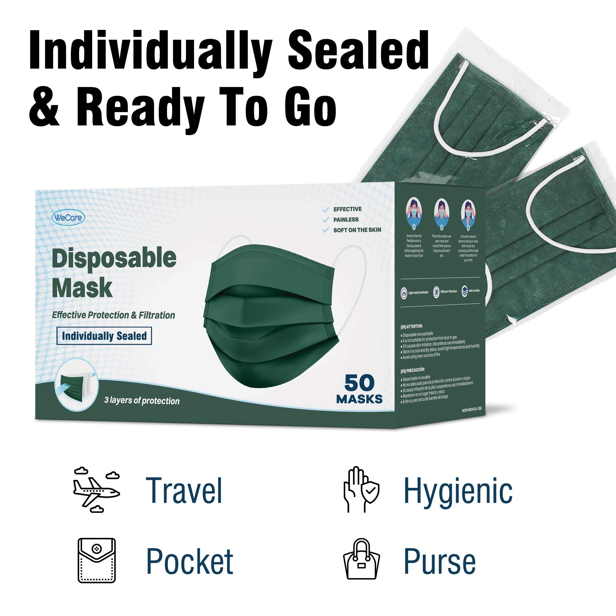 WECARE Box of 50, Individually-Wrapped Masks - Hunter Green