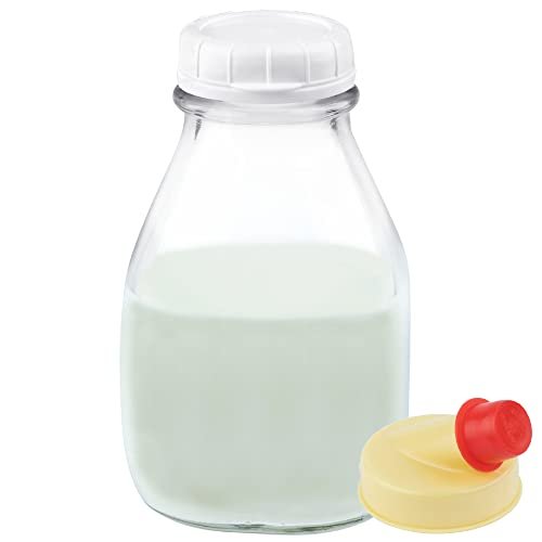 Kitchentoolz 16 Oz Glass Milk and Creamer Bottle with Caps - Perfect Milk Container for Refrigerator Storage - 16 Ounce Short and Wide Glass Milk Bottle with Lid and Pour Spout - Pack of 1