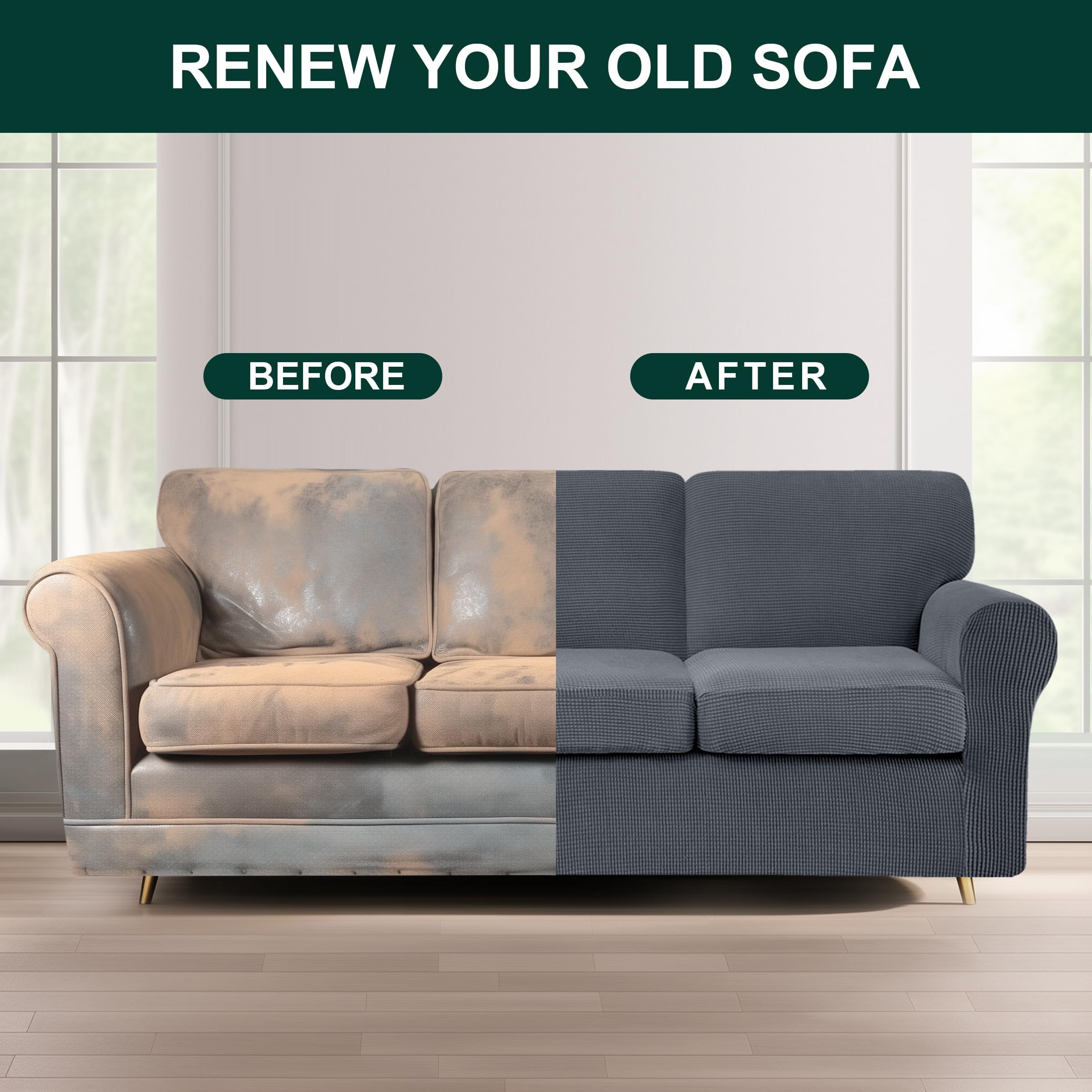 CHUN YI 7 Piece Stretch Sofa Covers for 3 Cushion Couch Covers, 3 Seater Couch Slipcover with 3 Separate Backrests and Cushions with Elastic Band, Spandex Jacquard Fabric(Large, Gray)