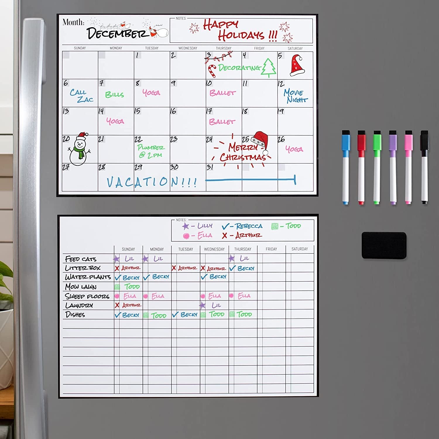 Magnetic Dry Erase Calendar and Chores Chart Bundle for Fridge: 2 Boards Included 17x12" - 6 Fine Tip Markers and Large Eraser with Magnets | Magnetic Chore Chart - Chore Board for Kids and Adults