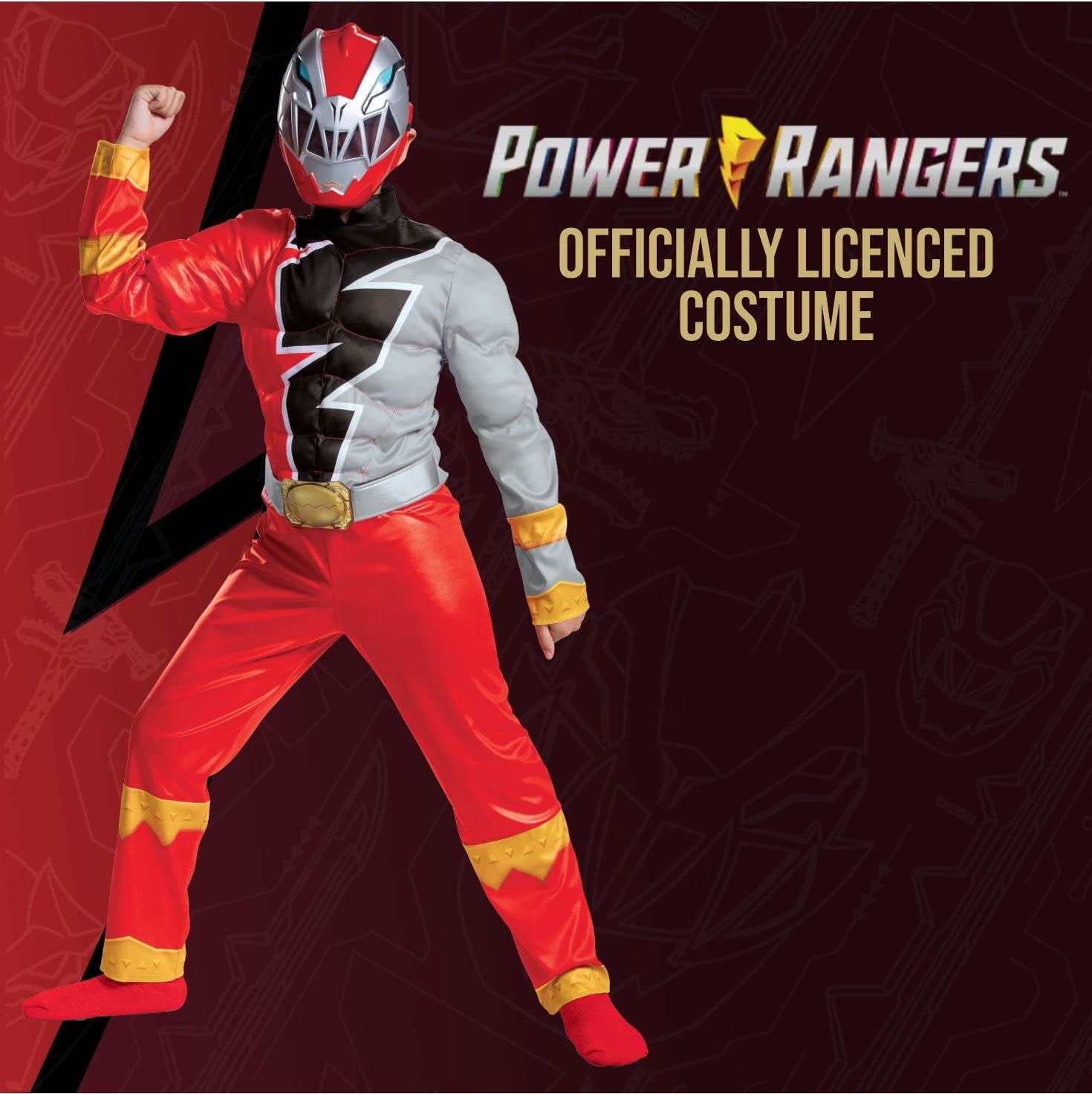 Red Ranger Muscle Costume for Kids, Official Power Rangers Dino Fury Outfit with Mask, Child Size Large (10-12)