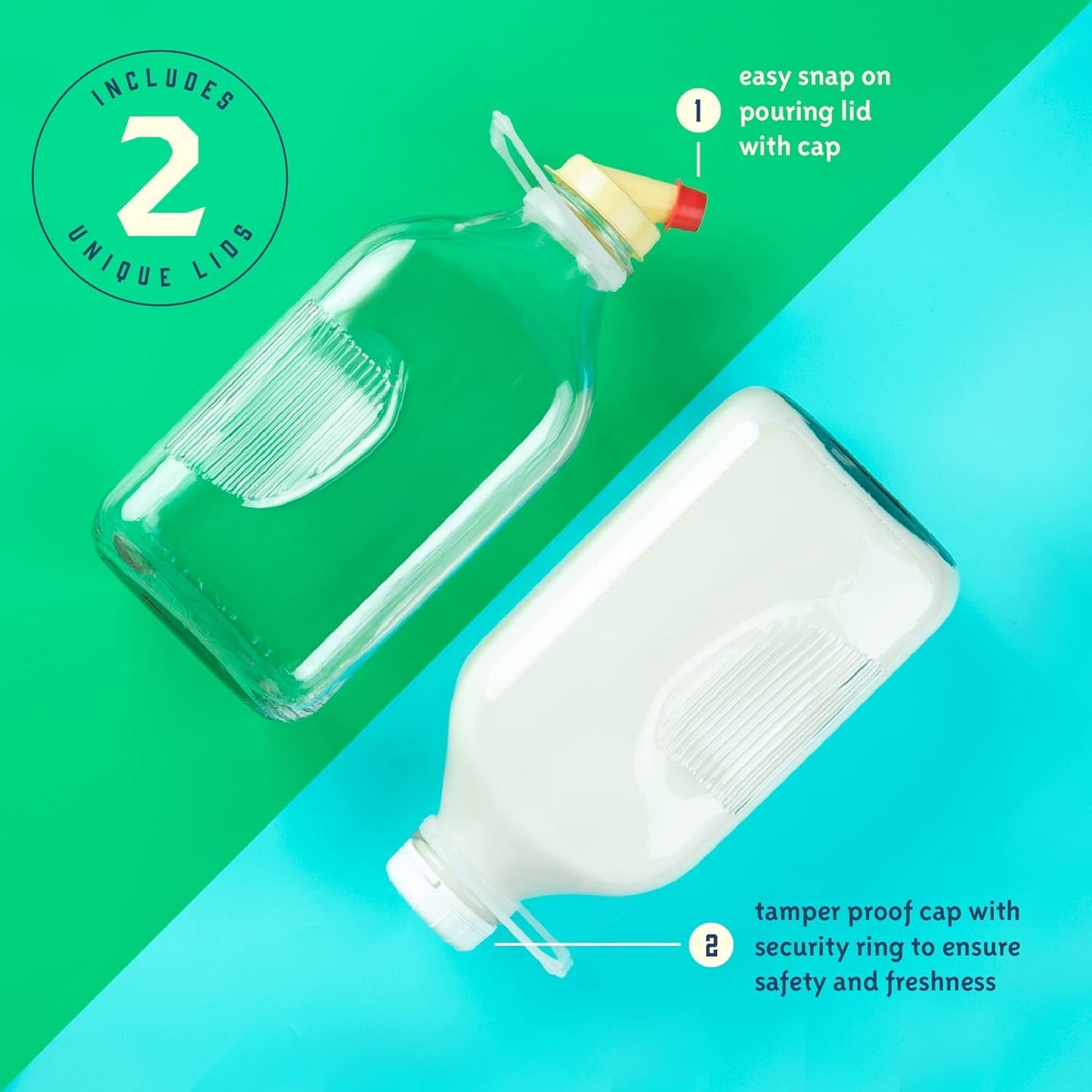 Kitchentoolz 64 Oz Glass Milk Bottle Jugs with Caps, Half Gallon Glass Milk Container for Refrigerator with Tamper Proof Lids and Pour Spouts- Pack of 2