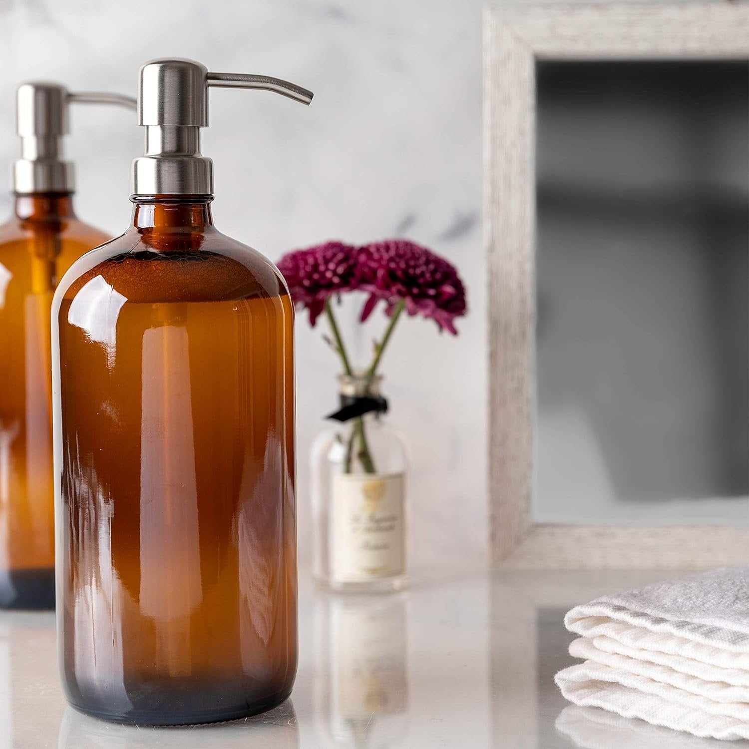 Kitchentoolz Large Pump Bottle - 32 Ounce Shampoo and Soap Dispenser - Amber
