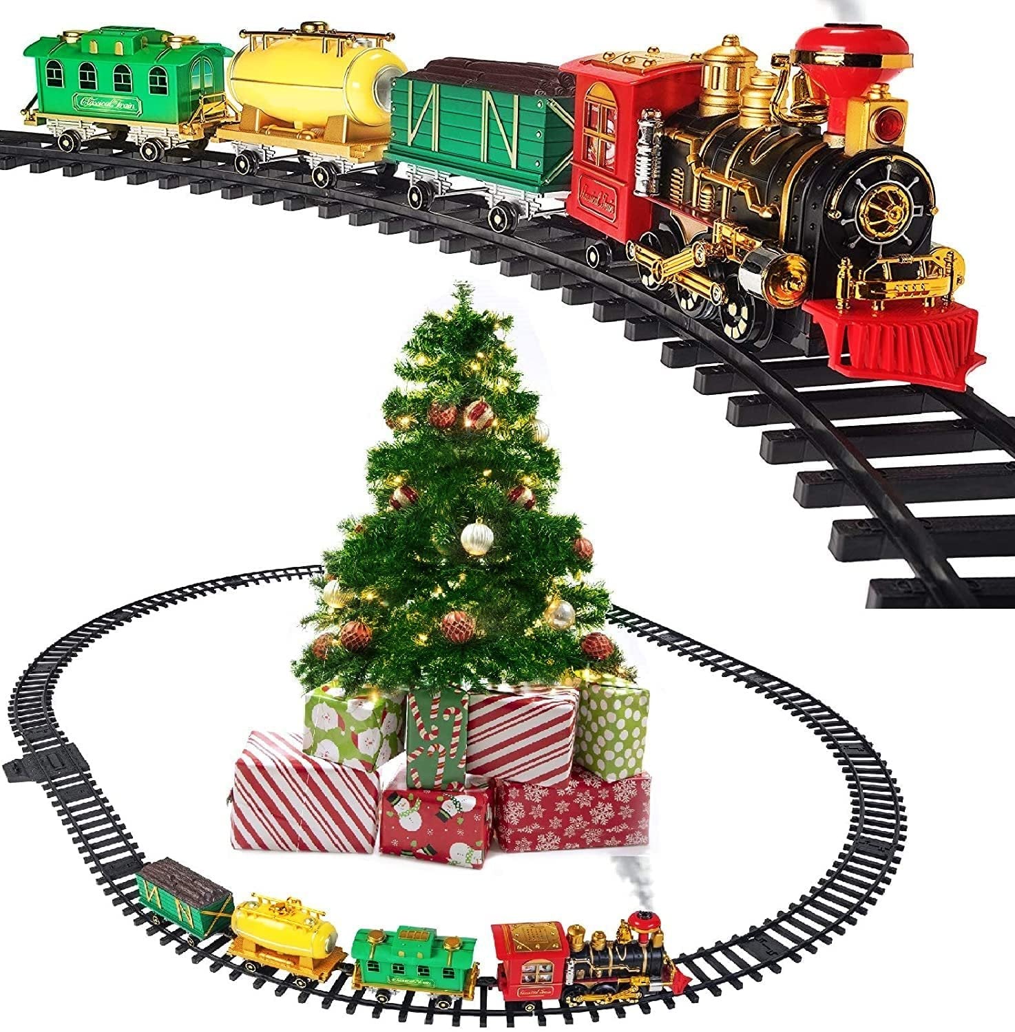 Prextex Christmas Train Set - Christmas Tree Train Set Around The Tree with Real Smoke, Music & Lights - Christmas Train Sets for Under The Tree - Train Set for Christmas Tree