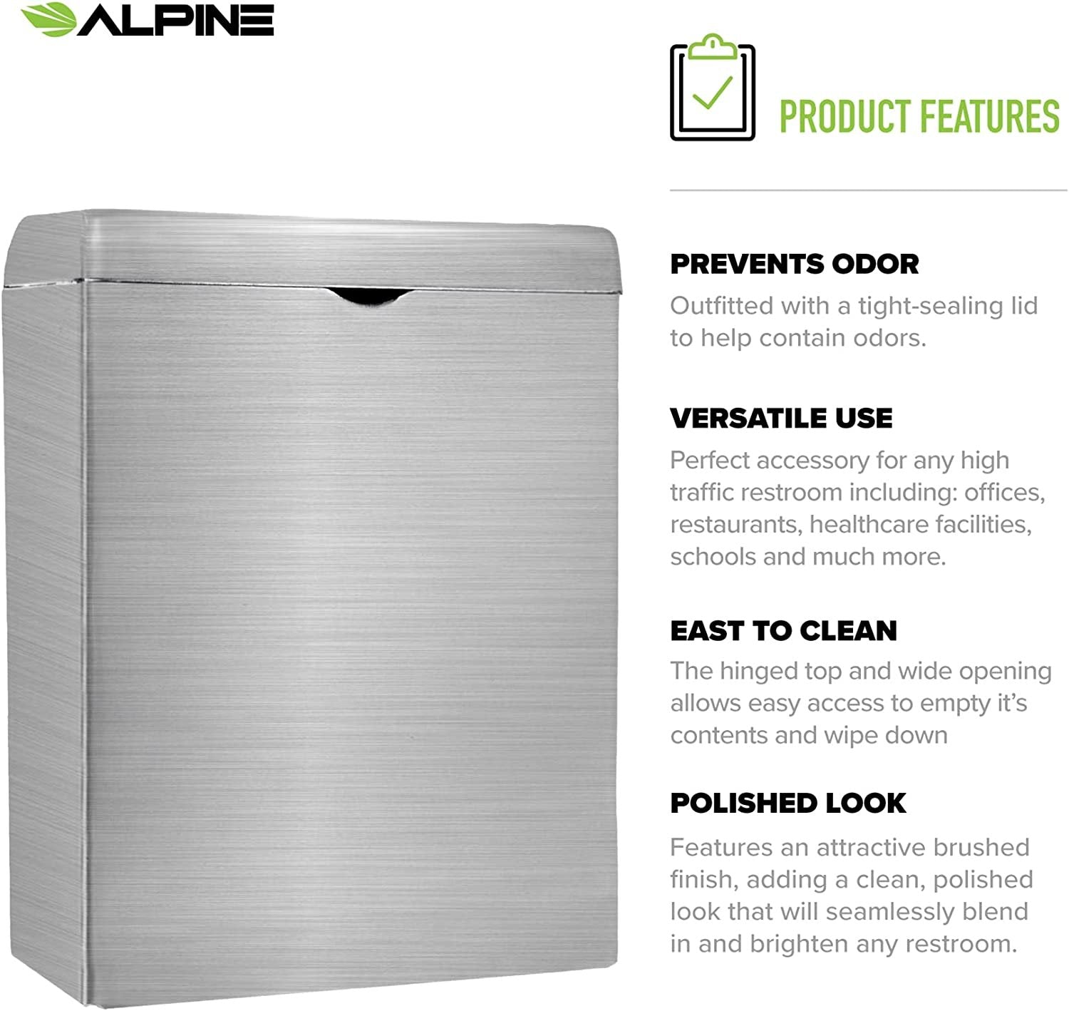 Alpine Sanitary Napkin Receptacle – Wall Mounted Tampon Holder For Bathroom Provides Clean & Odor-Free Restroom for Home, Office & Public Restrooms (Stainless steel)