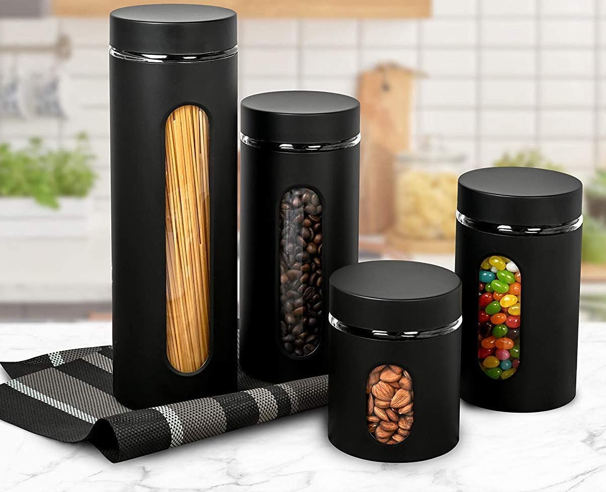 GADGETWIZ Glass Canister Set of 4 for Sugar, Matte Black Kitchen Counter Decor and Accessories
