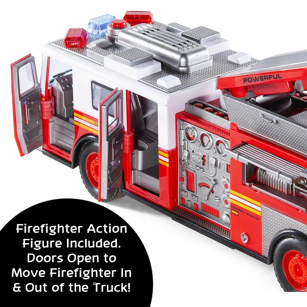 Prextex RC Fire Engine Truck Remote Control 14-Inch Rescue Fire Truck with 12-Inch Ladder and Lights and Sirens Best Gift Toy for Boys Girls