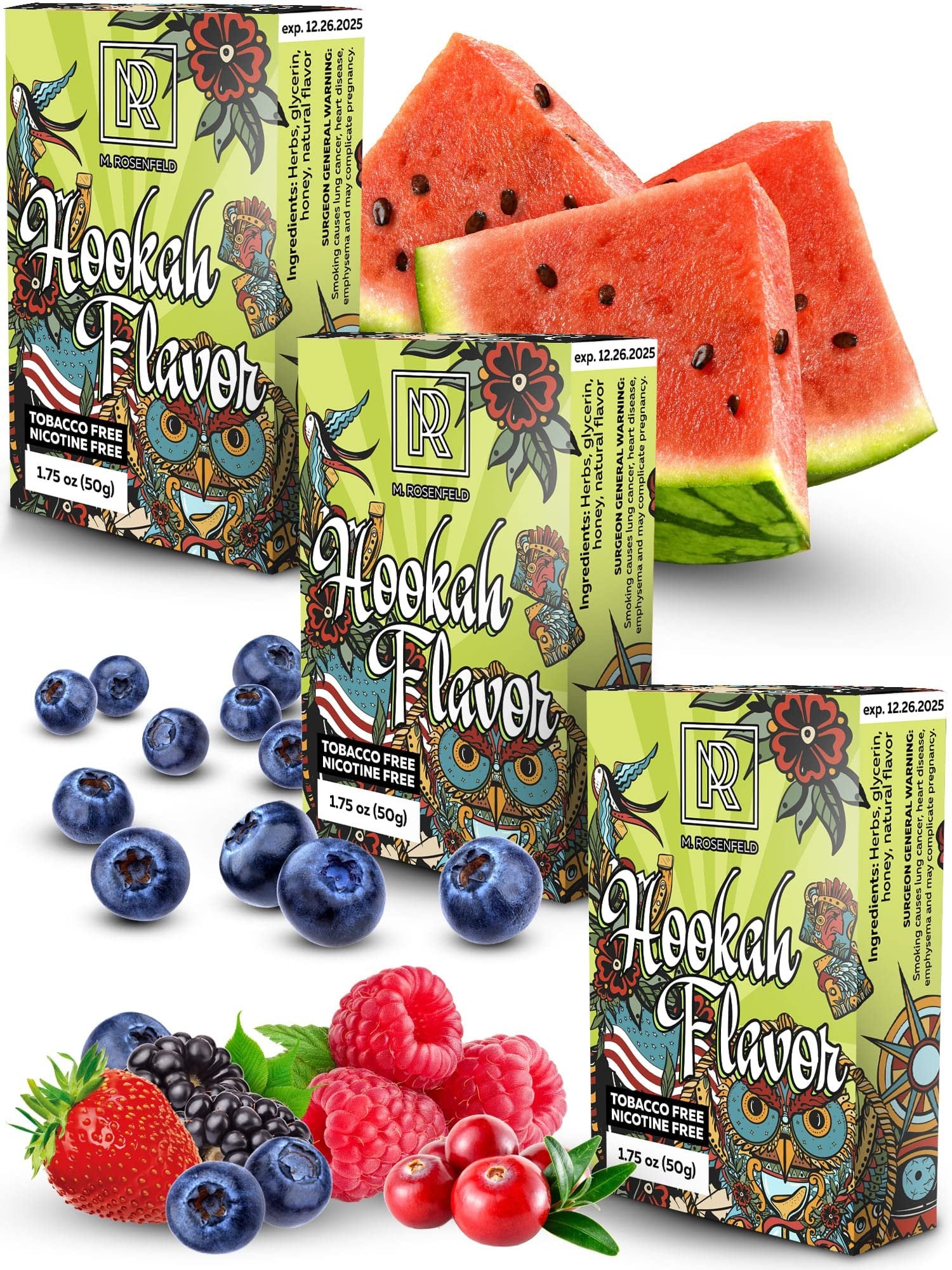 Hookah Shisha Flavors Set - 3 x 1.75 oz (50 g) Shisha Hookah Flavors for your Hookah Bowl (Blueberry - Watermelon - Wild Berries) Pack of 3 - Try these Tobacco Free Hookah Flavors Nicotine Free