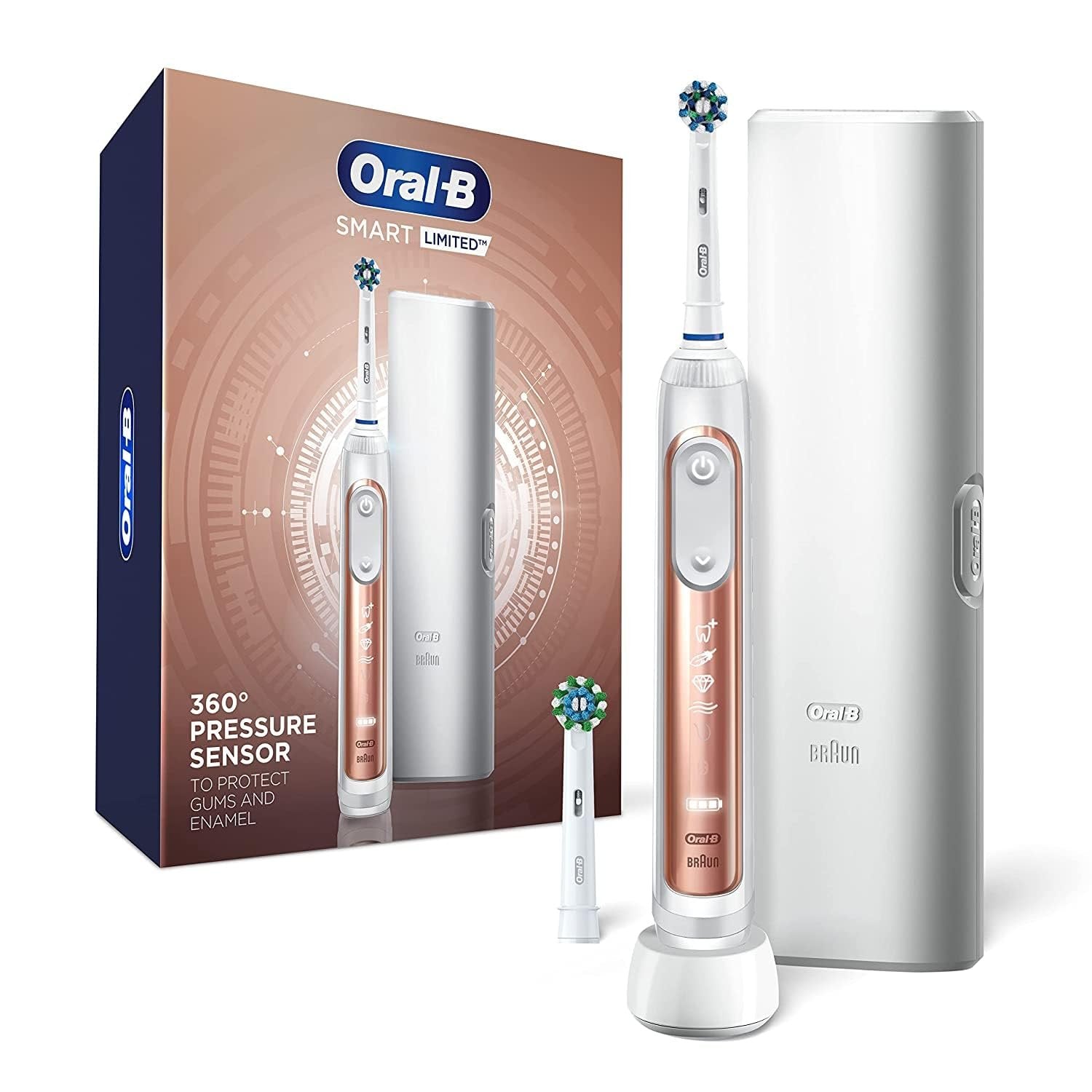 Oral-B Smart Limited Rechargeable Electric Powered Toothbrush, Rose Gold with 2 Brush Heads and Travel Case - Visible Pressure Sensor to Protect Gums - 6 Brushing Modes - 2 Minute Timer