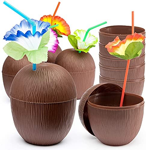 PREXTEX Coconut Cups with Flower Straws & Twist Close Lids (12 Pack) for Luau Party Decorations, Pool Parties, Moana Birthday Parties, Tropical Tiki Parties, Summer, Hawaiian Themed Party Decorations