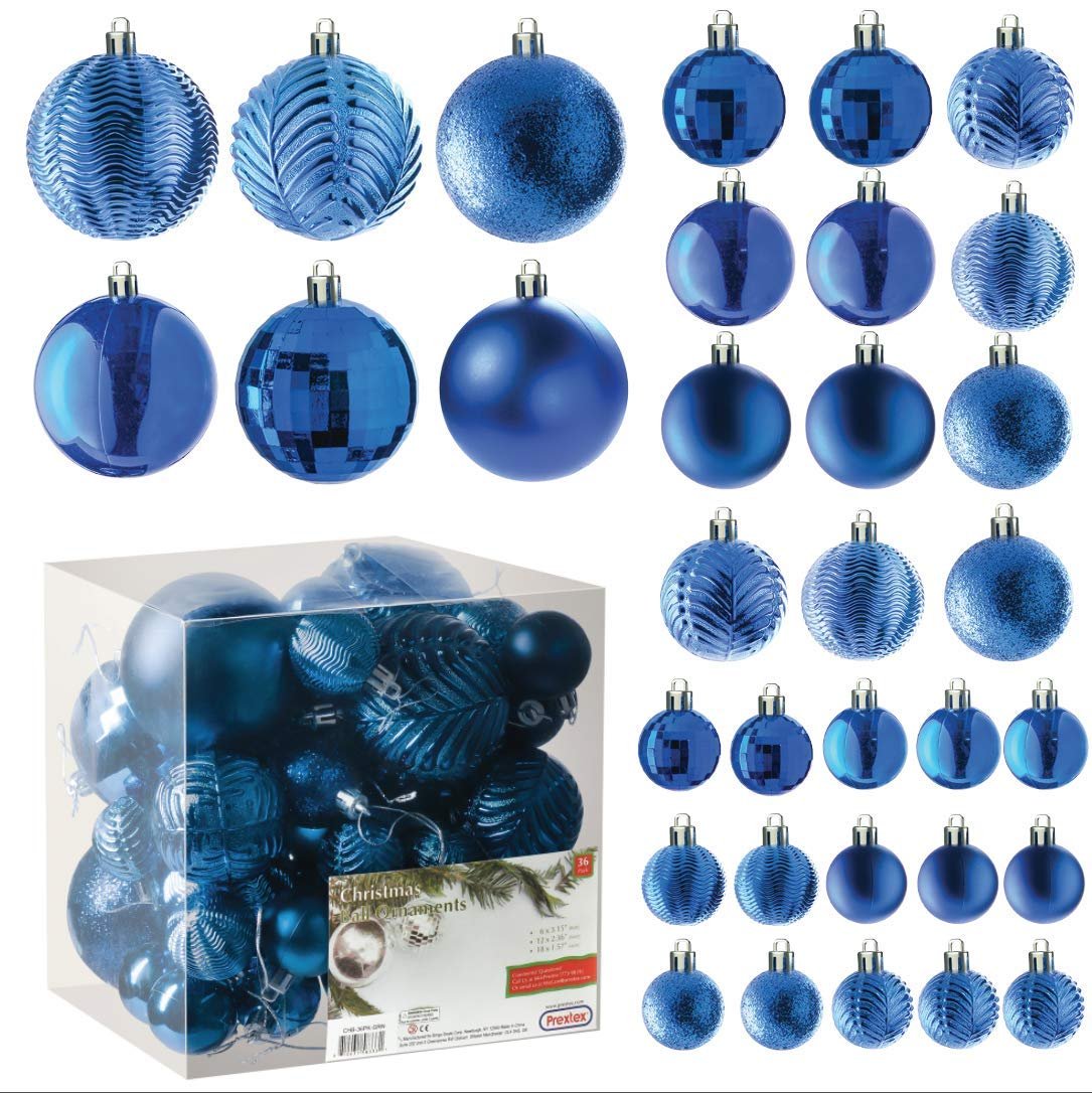 Prextex Blue Christmas Ball Ornaments for Christmas Decorations - 36 Pieces Xmas Tree Shatterproof Ornaments with Hanging Loop for Holiday and Party Decoration (Combo of 6 Styles in 3 Sizes)
