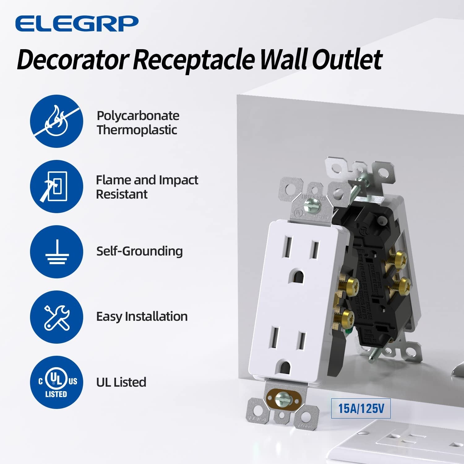 ELEGRP Decorator Receptacle, 15A 125V Standard Electrical Wall Outlet, 2 Pole 3 Wire, No-Tamper Resistant, NEMA 5-15R, Self-Grounding Residential Grade Outlet, UL (Glossy White, 20 Pack)