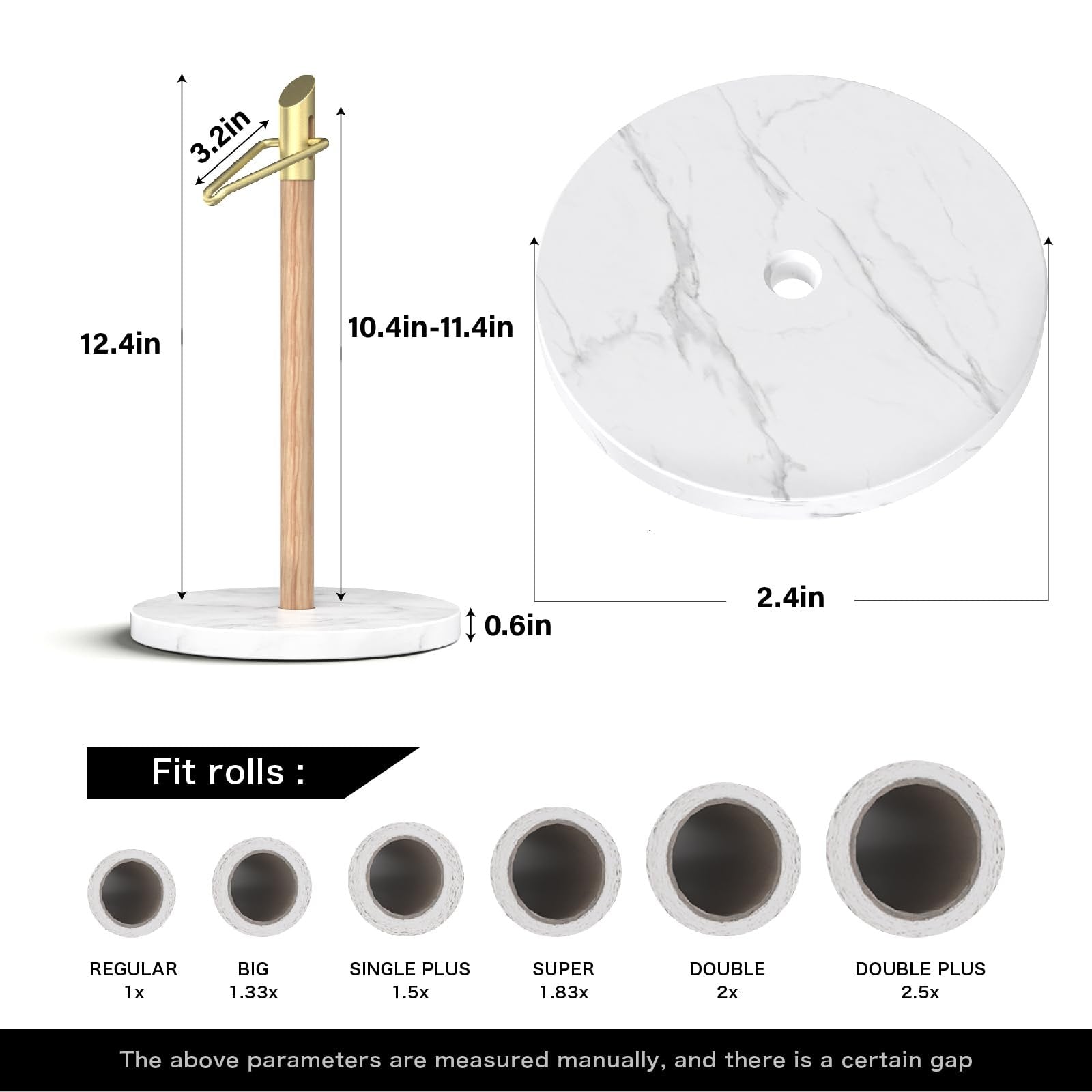 ASTOFLI Marble Paper Towel Holder Stand, Gold Paper Towel Holder Countertop, Wood Paper Towel Stand for Kitchen, Weighted Paper Towel Holder Counter, Free Standing Paper Towel Holder for Large Rolls