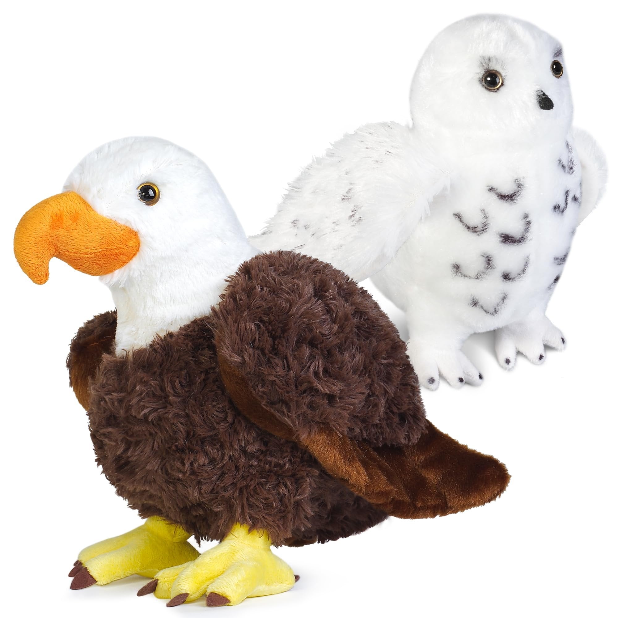 Madzee Plush Eagle and Owl Set, Stuffed Bald Eagle and Snowy Owl, Stuffed Animal Toy Gifts for Kids