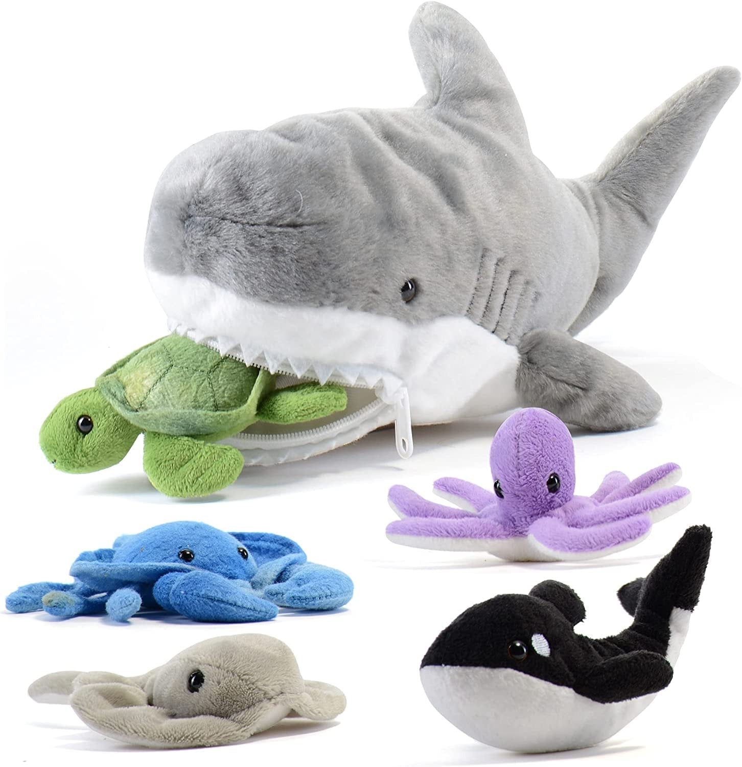 PREXTEX Plush Toy Shark Stuffed Animal with 5 Stuffed Sea Animals - Turtle, Whale, Octopus, Stingray, Crab Plush- Shark Plush Toys for Kids 3-5 - Giant Stuffed Animals Toy - Gift for Sea Animal Lovers