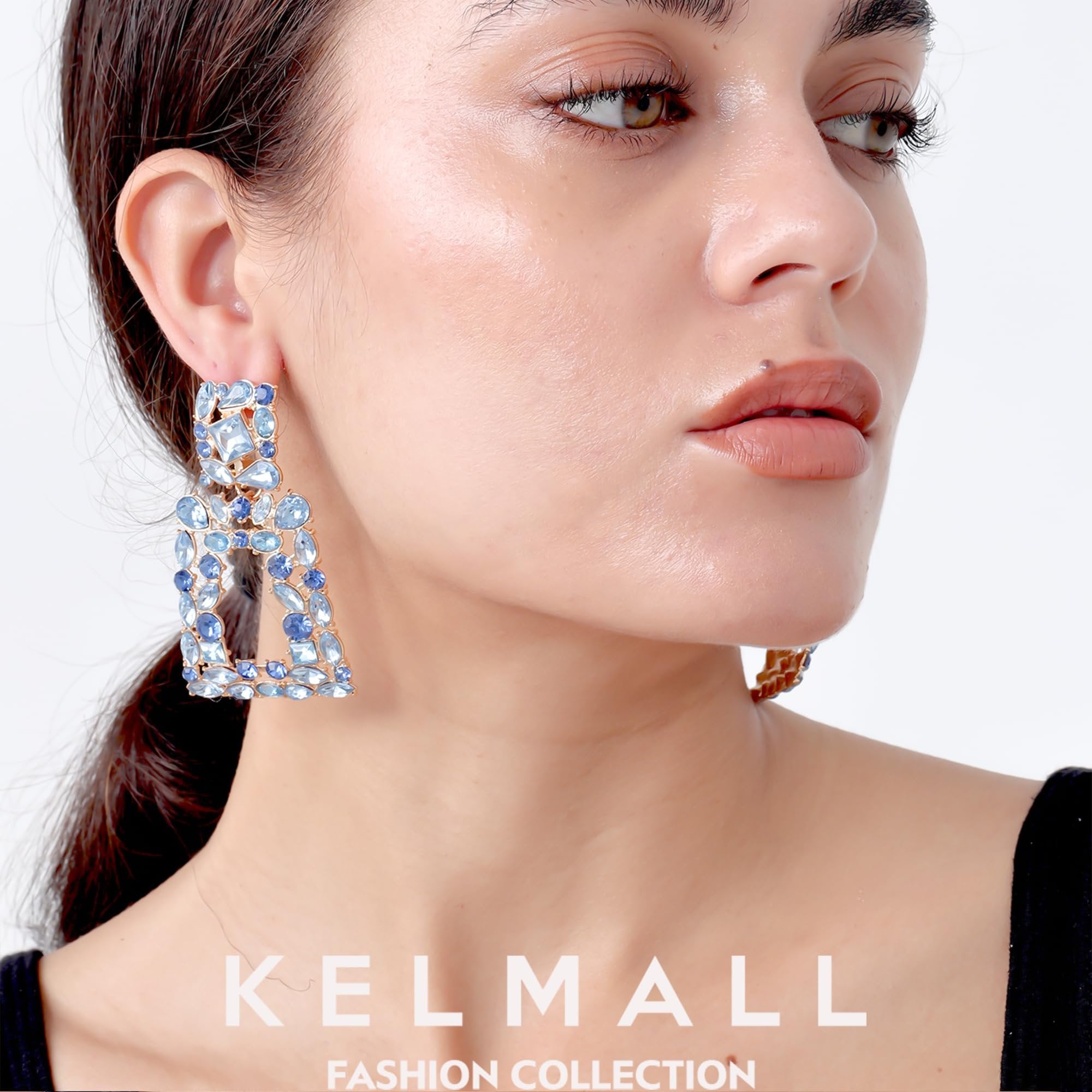 KELMALL Sparkly Rhinestone Rectangle Dangle Earrings for Women Crystal Geometric Drop Trendy Statement Earrings-Light Blue