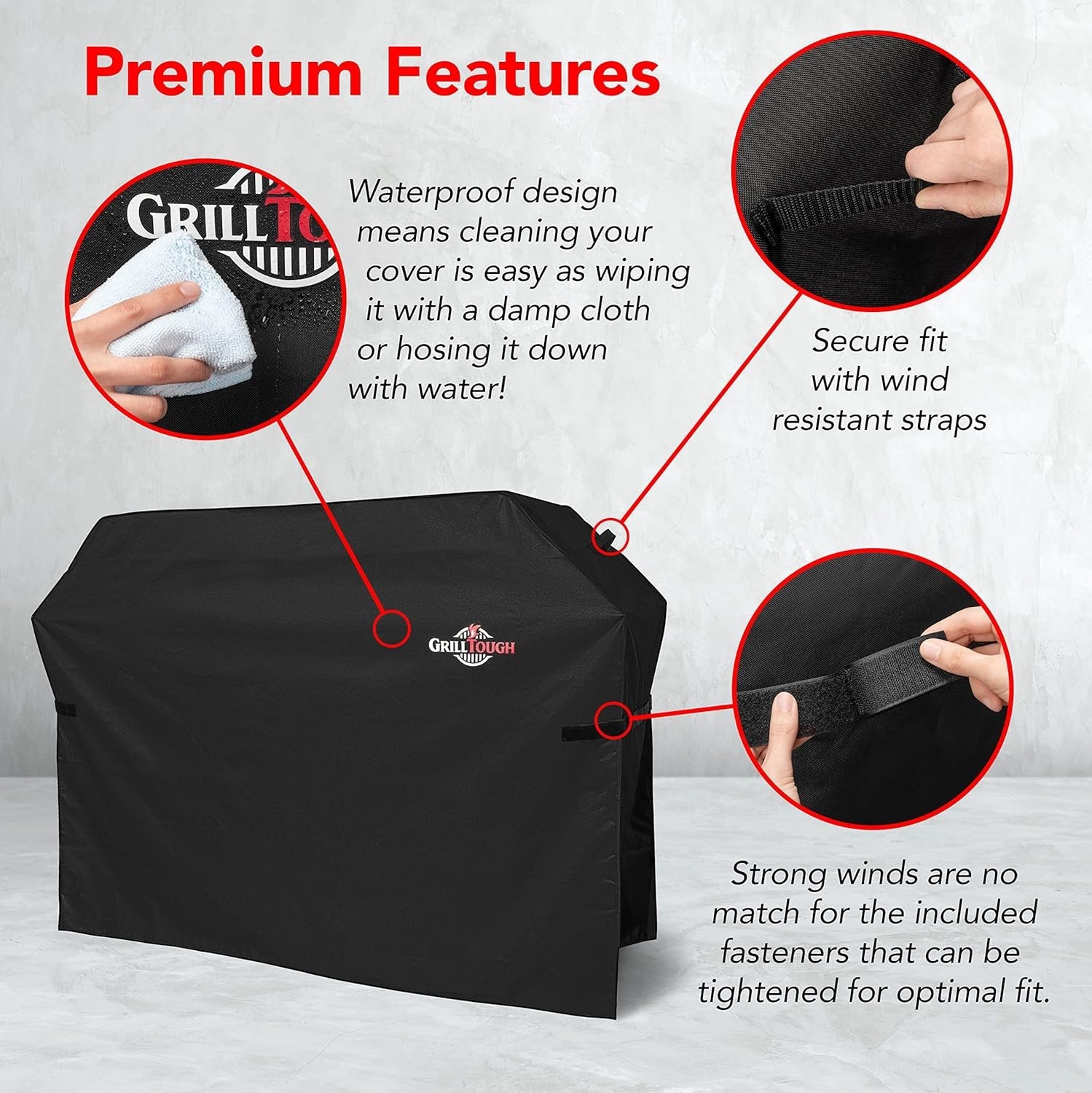 GrillTough Heavy Duty BBQ Grill Cover for Outdoor Grill, 52 Inch – Waterproof, Weather Resistant, UV & Fade Resistant with Adjustable Straps – Gas Grill Cover for Weber, Genesis, Charbroil, etc. Black