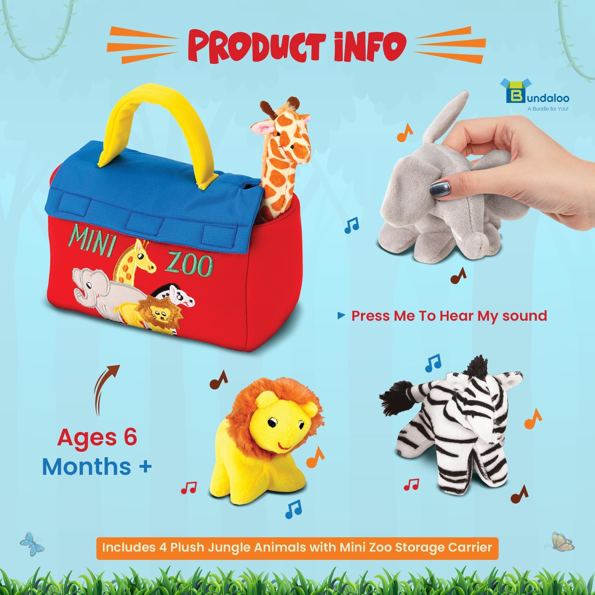 Bundaloo Plush Mini Zoo Playset - Giraffe, Elephant, Lion, Zebra - Interactive Animals, Carrier with Velcro Closure, Natural Sound Effects for Babies and Toddlers