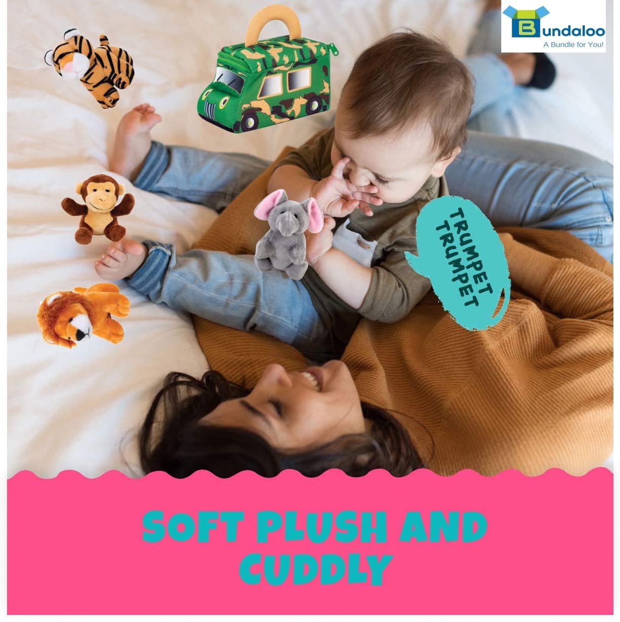 Plush Jungle Animals Set with Safari Truck Carrier - Talking Stuffed Toys for Kids - Bundaloo - Realistic Sounds - Mini Tiger Lion Monkey Elephant