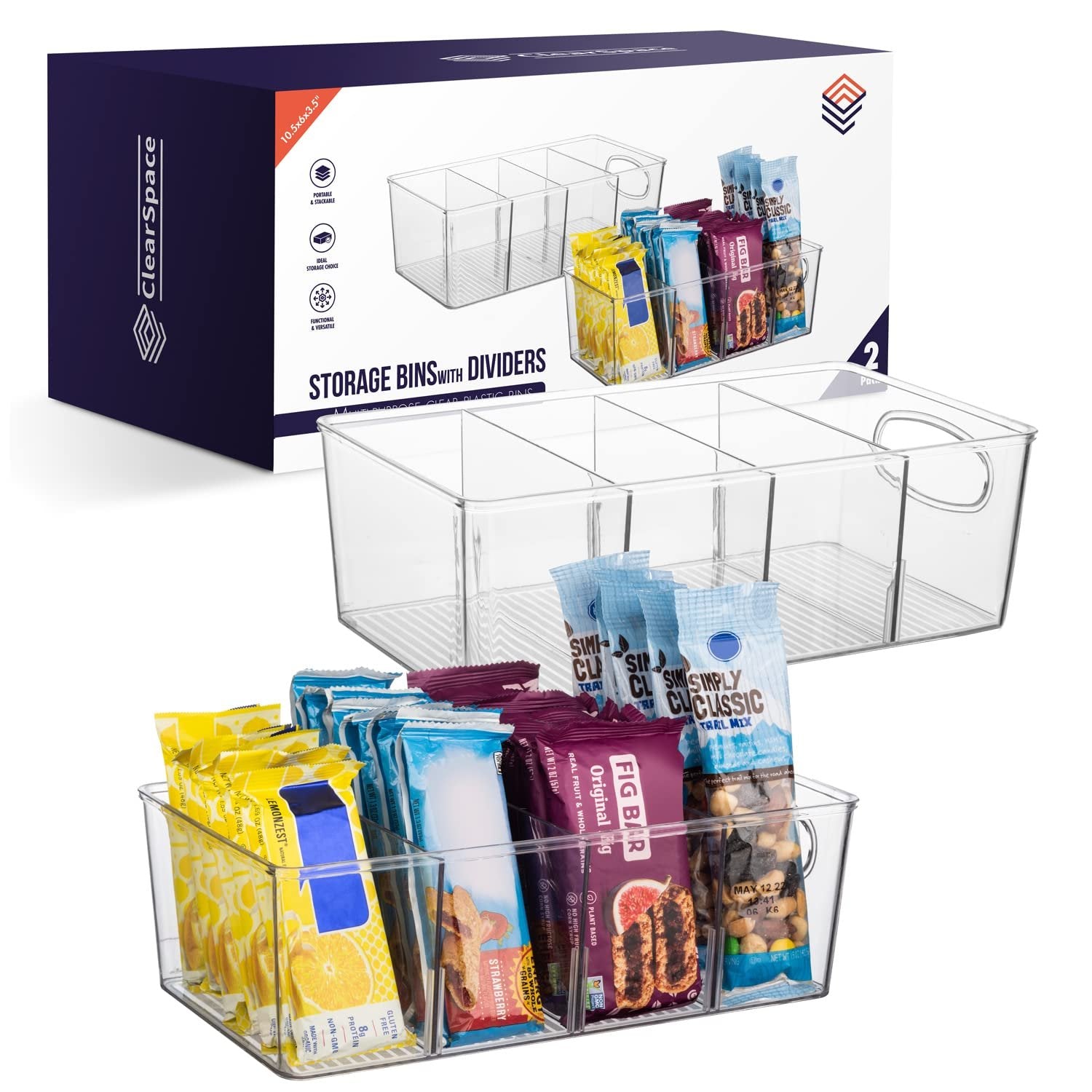ClearSpace Plastic Pantry Organization and Storage Bins with Removable Dividers - Perfect Kitchen Organization or Kitchen Storage - Refrigerator Organizer Bins, Cabinet Organizers (2 Pack)