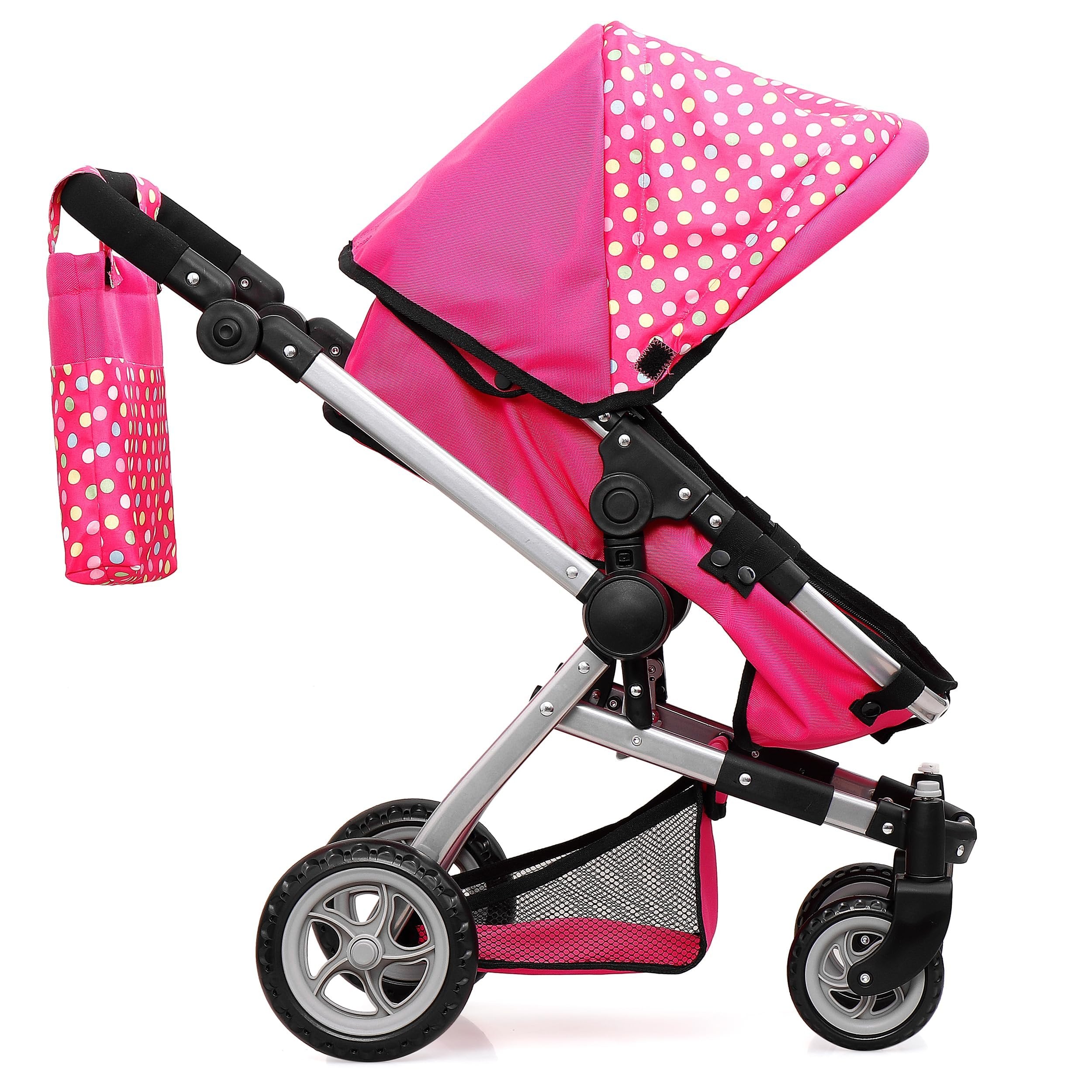 fash n kolor Foldable Pram for Baby Doll with Polka Dots Design with Swiveling Wheel Adjustable Handle