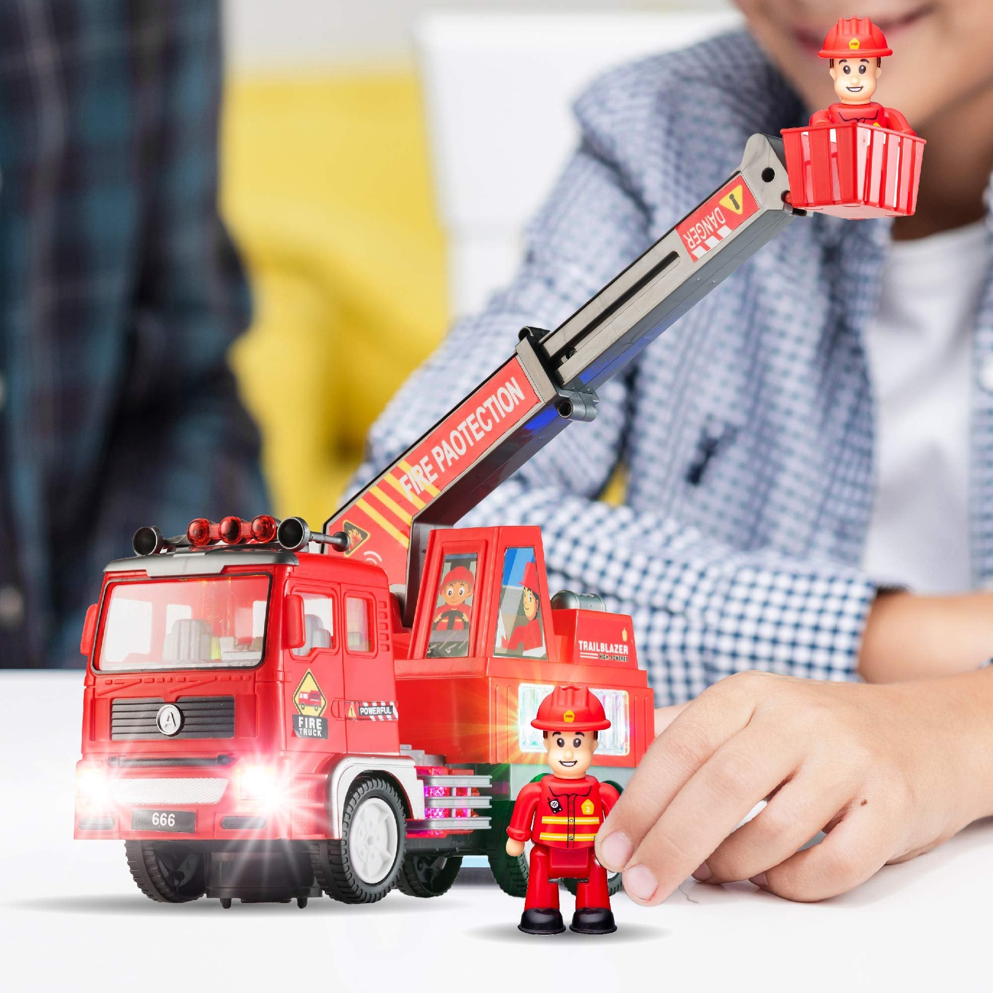Zetz Brands Fire Engine Ladder Truck for Kids with Two Fireman Figures - 4d Lights & Real Siren Sounds | Bump and Go Toy - Automatic Steering On Contact - Imaginative Play
