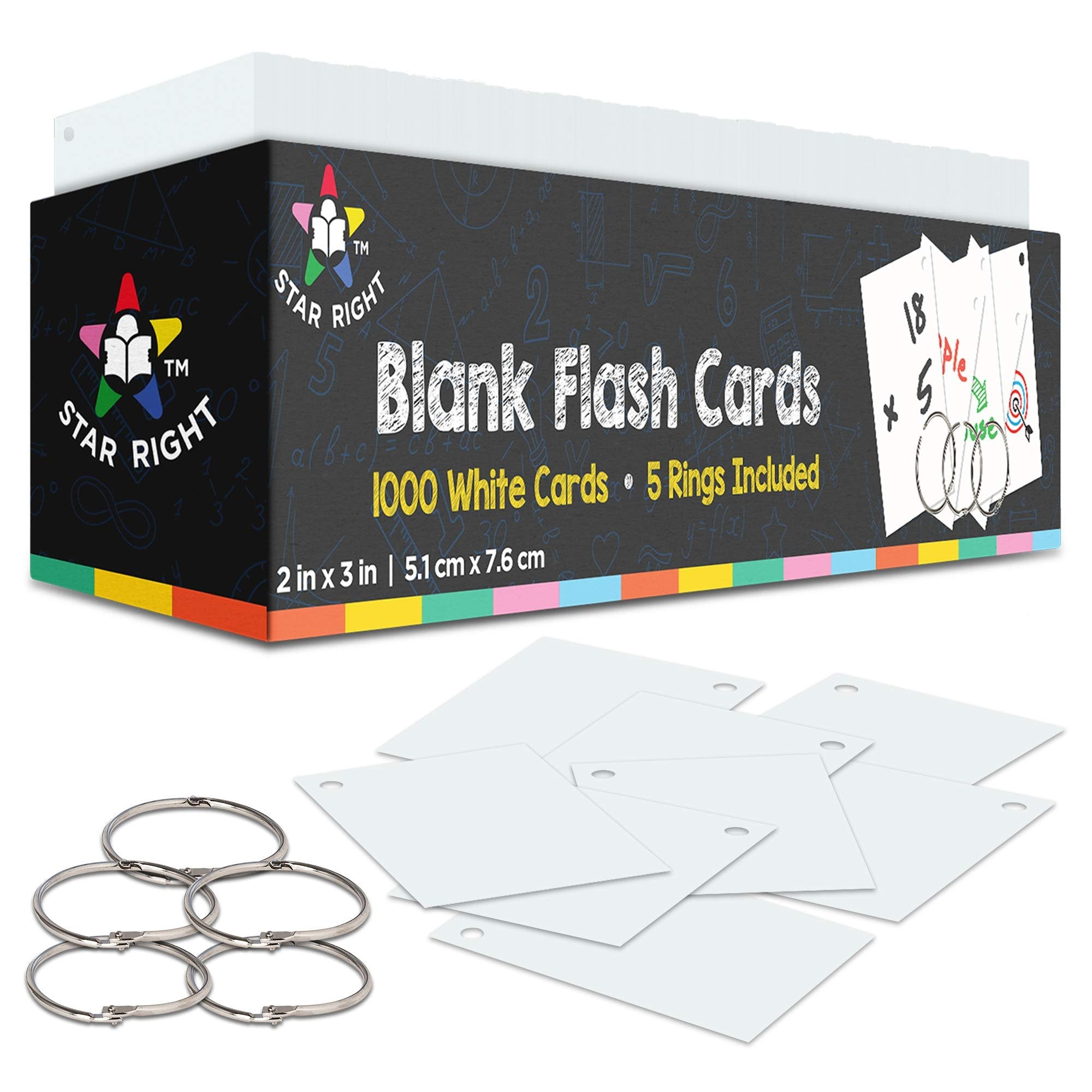 Blank Flash Cards for Studying - 2" x 3" Blank Index Notecards - 1000 Pre Hole Punched White Index Cards with Metal Binder Rings - Blank Flashcards for GMT Prep, Math, and Language