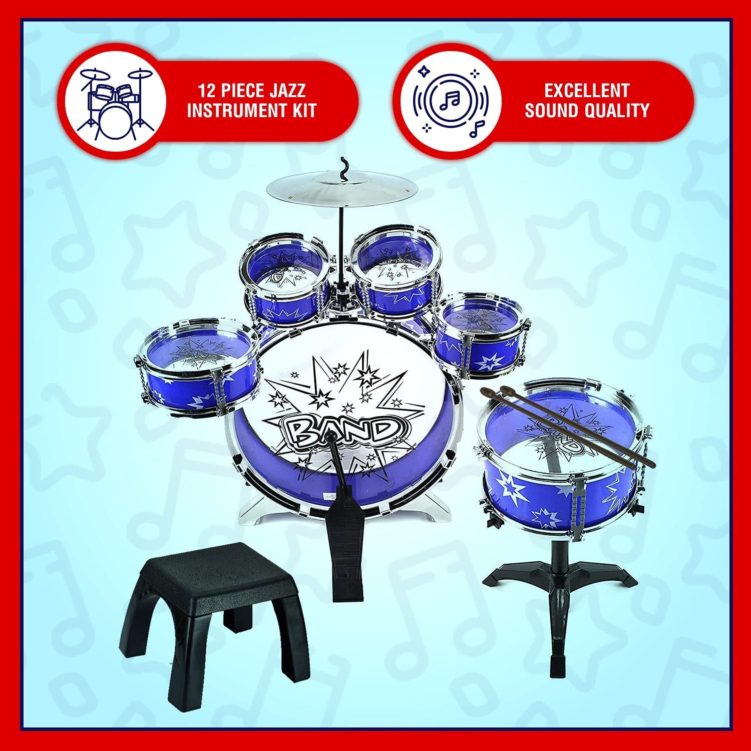 12 Piece Kids Jazz Drum Set - 6 Drums, Cymbal, Chair, Kick Pedal, 2 Drumsticks, Stool. Ideal Gift Toy for Kids, Boys & Girls