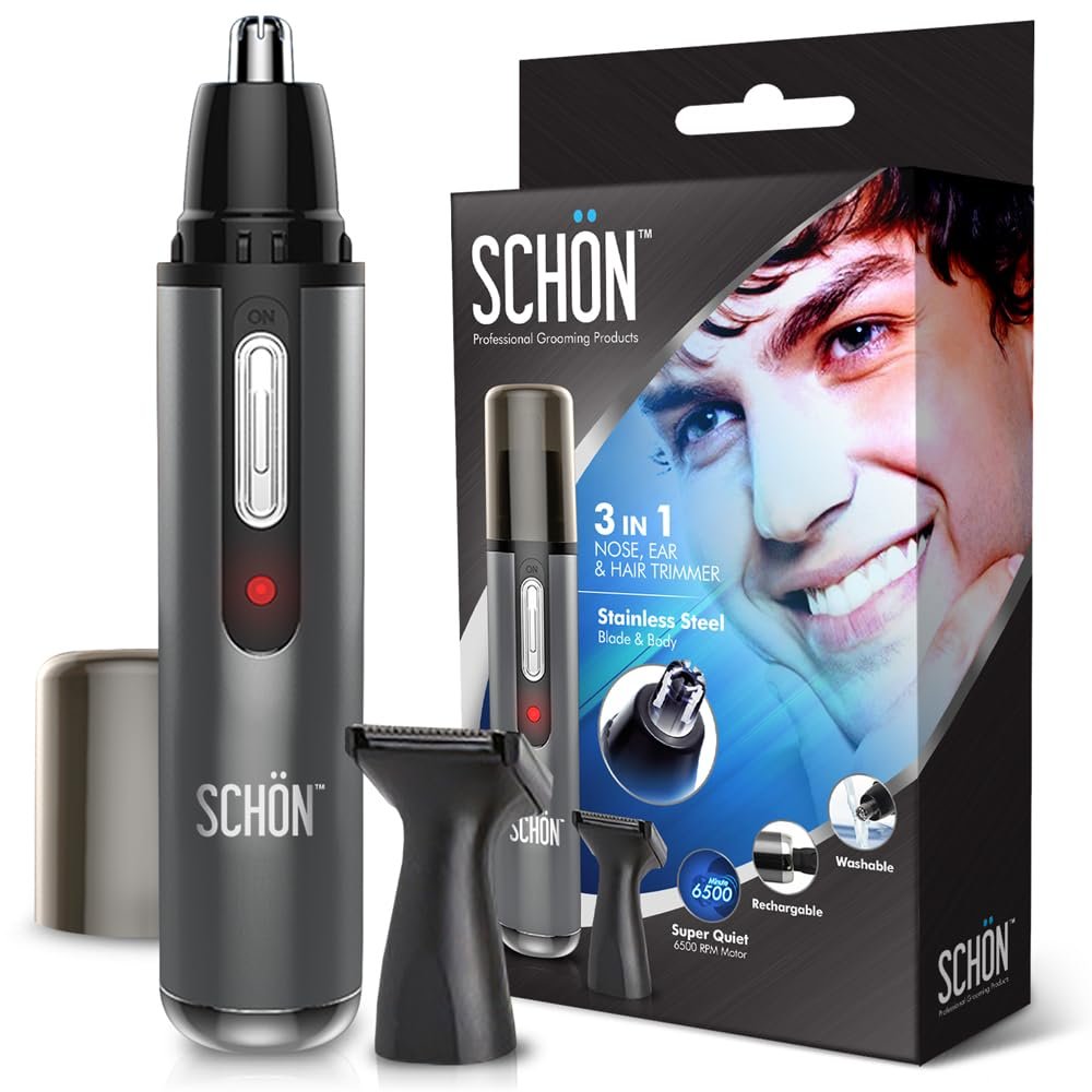 SCHON Stainless Steel Rechargeable 3-in-1 Eyebrow, Ear, Facial, & Nose Hair Trimmer/Clipper for Men&Women | Hair Clippers, Flawless Hair Remover, Male Beard Trimmers, Grooming Kit, Groomer (Gray)