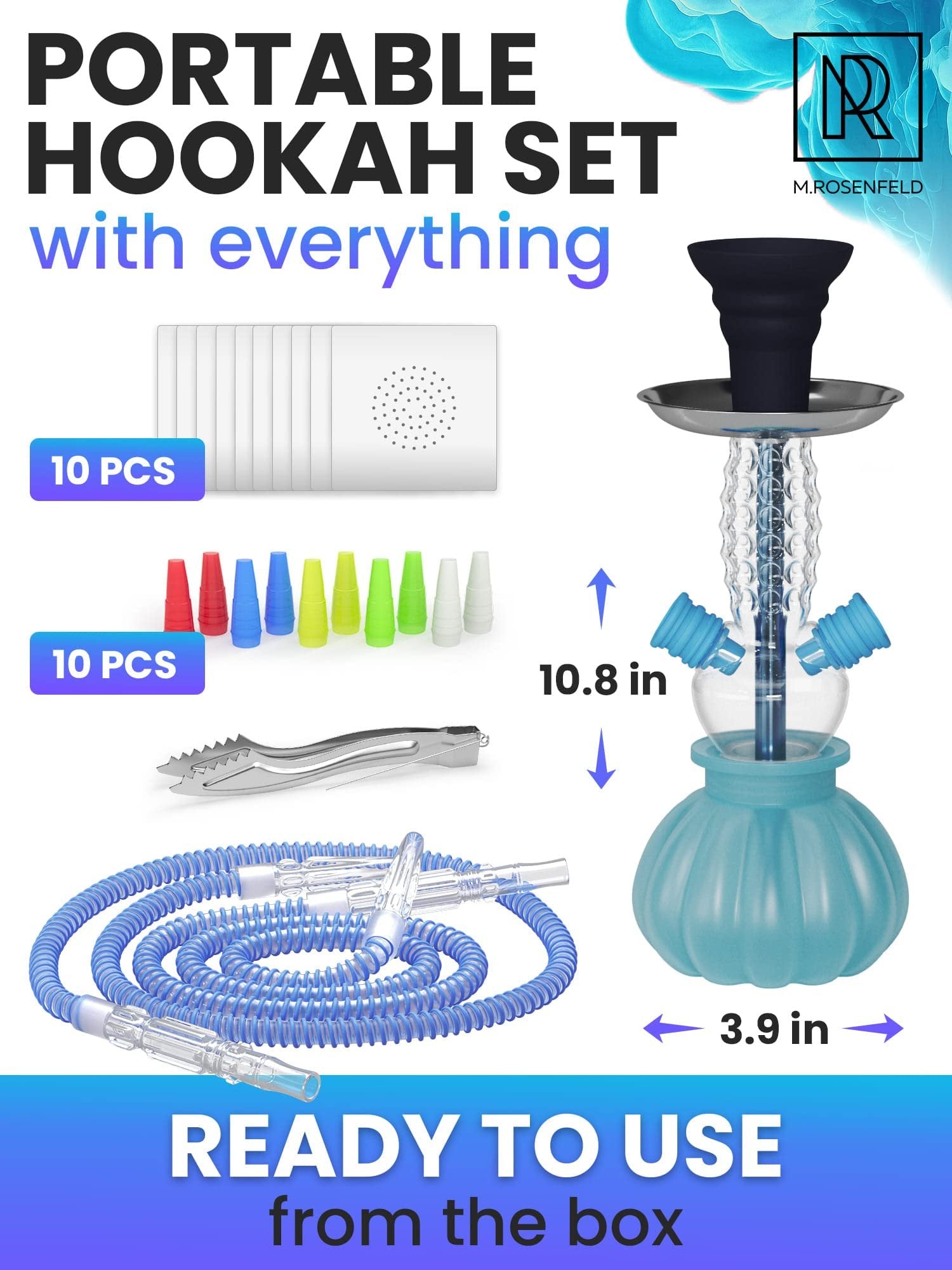 Royal Blue Hookah Set 2 Hose Hookah - Picolo 12” Blue Mini Hookah 2 Hose Hookah Set with Silicone Hookah Bowl 2x Hookah Hose Blue 50x hookah foil with holes 10x hookah tips disposable & Tongs