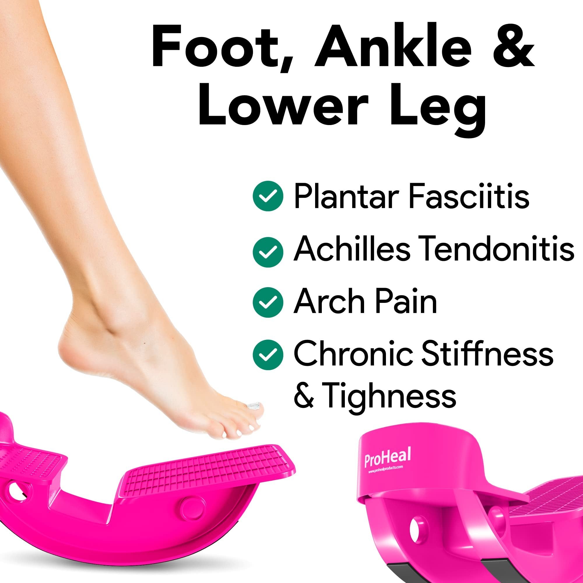 ProHeal Pink Plantar Fasciitis Relief Foot Rocker - Calf Stretcher with Spiked Ball Massager - Achilles Tendonitis Calf, Foot, Heel, and Ankle Stretcher - Lower Leg Pain Relief