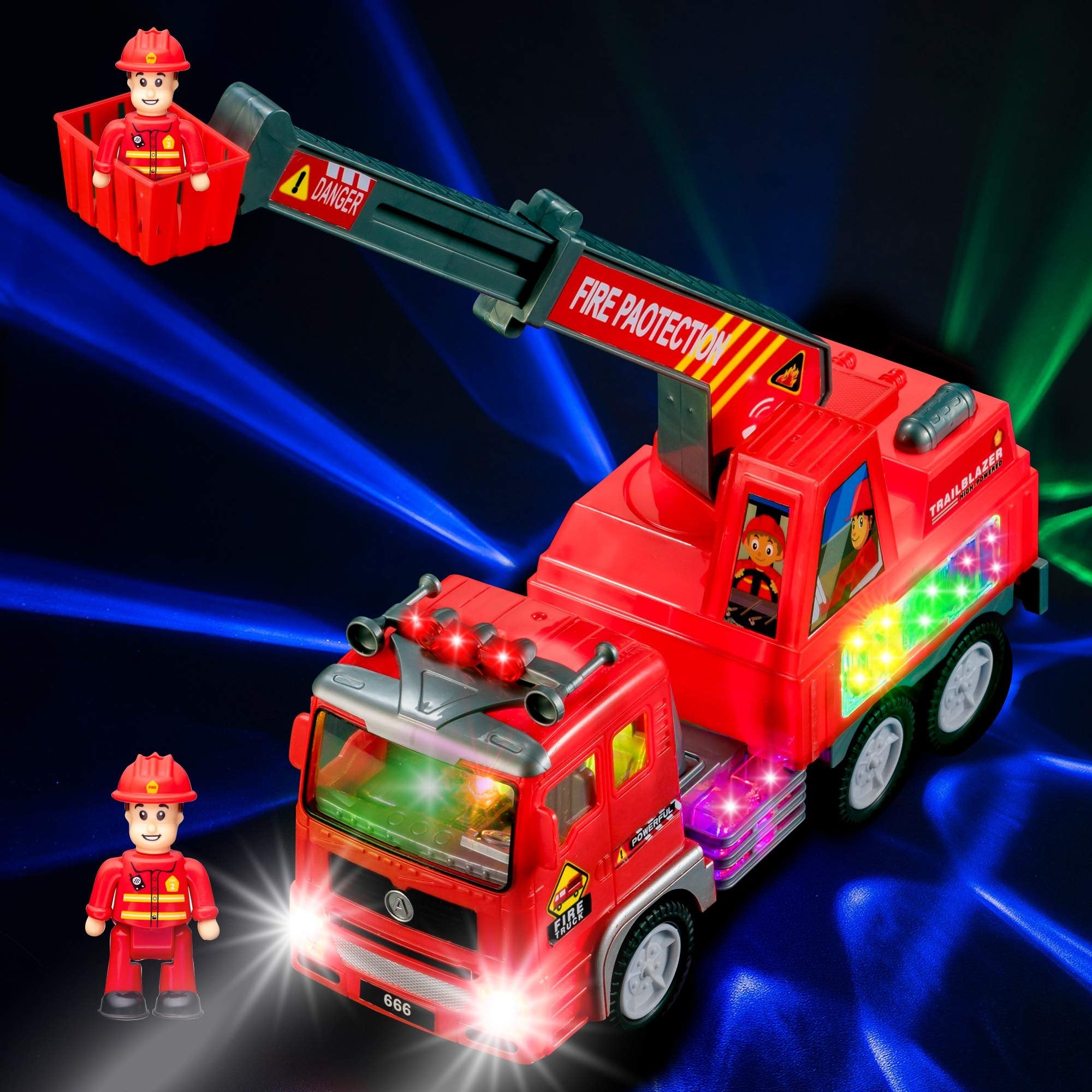 Zetz Brands Fire Engine Ladder Truck for Kids with Two Fireman Figures - 4d Lights & Real Siren Sounds | Bump and Go Toy - Automatic Steering On Contact - Imaginative Play