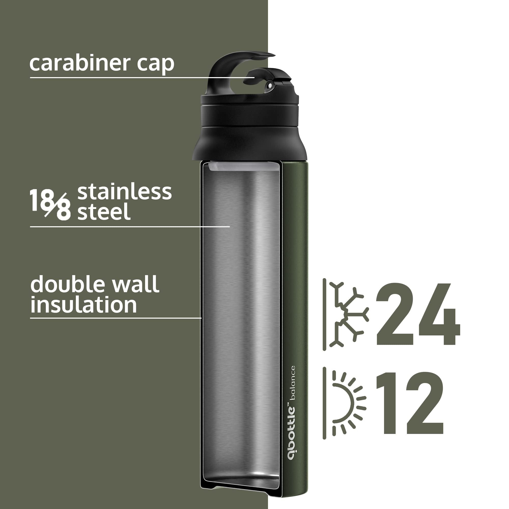 qbottle Insulated Water Bottles with Carabiner Lid - Stainless Steel Water Bottle - Leak Proof Metal Water Bottle - No Sweat - Wide Mouth - Forest Green, 27 oz