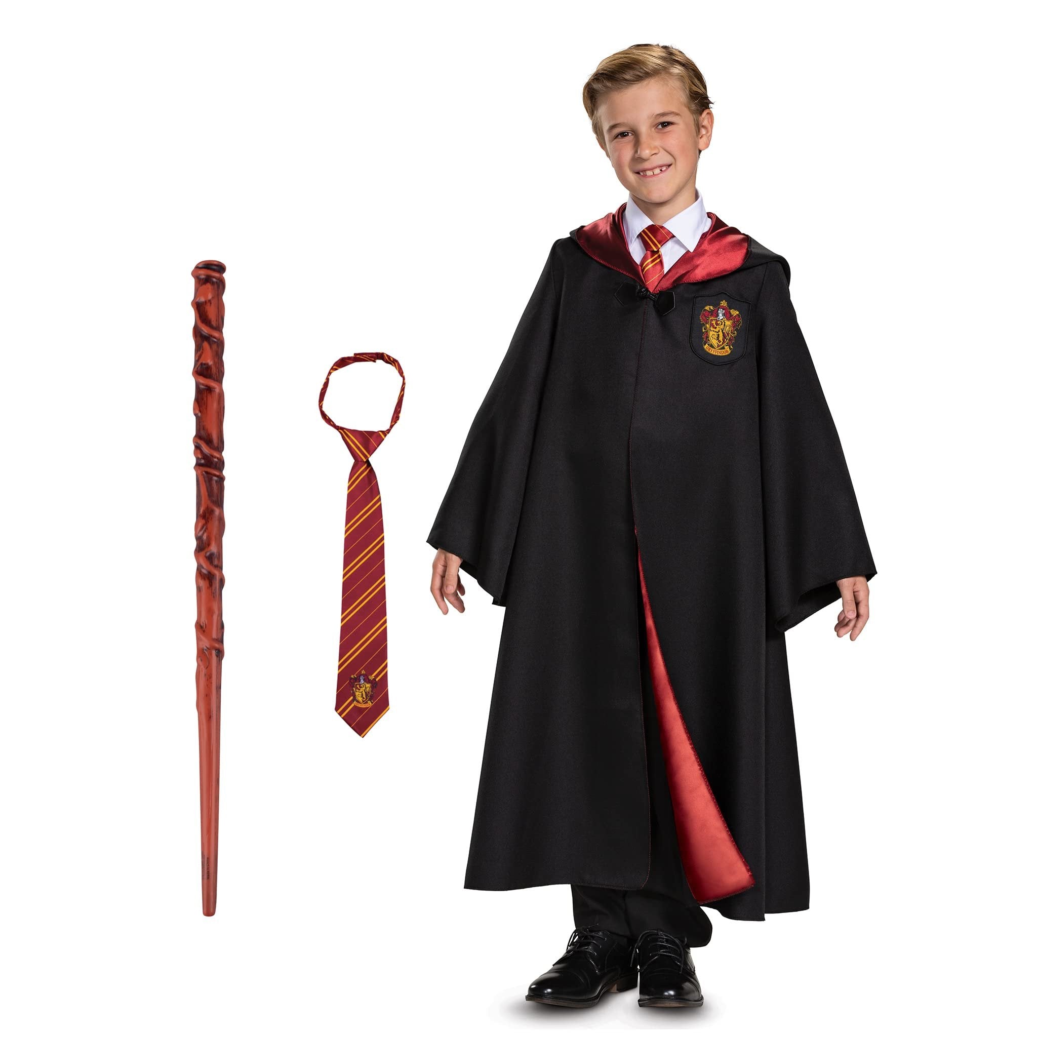 Hermione Gryffindor Costume Combo, Official Wizarding World Deluxe Robe with Tie and Wand, Kids Size Large (10-12)